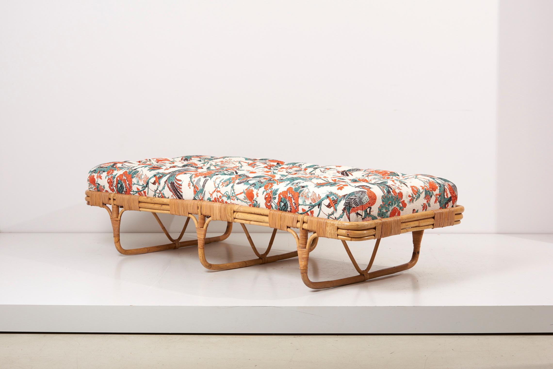 1950s basket daybed in a Josef Frank style fabric.