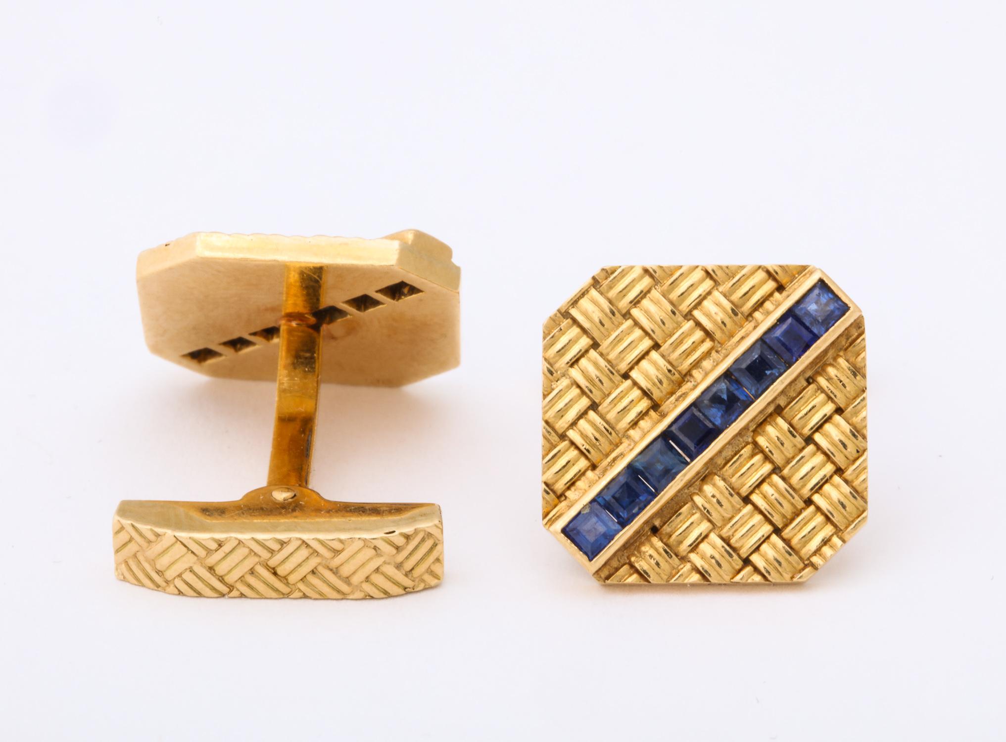 1950s Basket Weave Design Calibre Cut Sapphire with Gold Flip Up Cufflinks 3