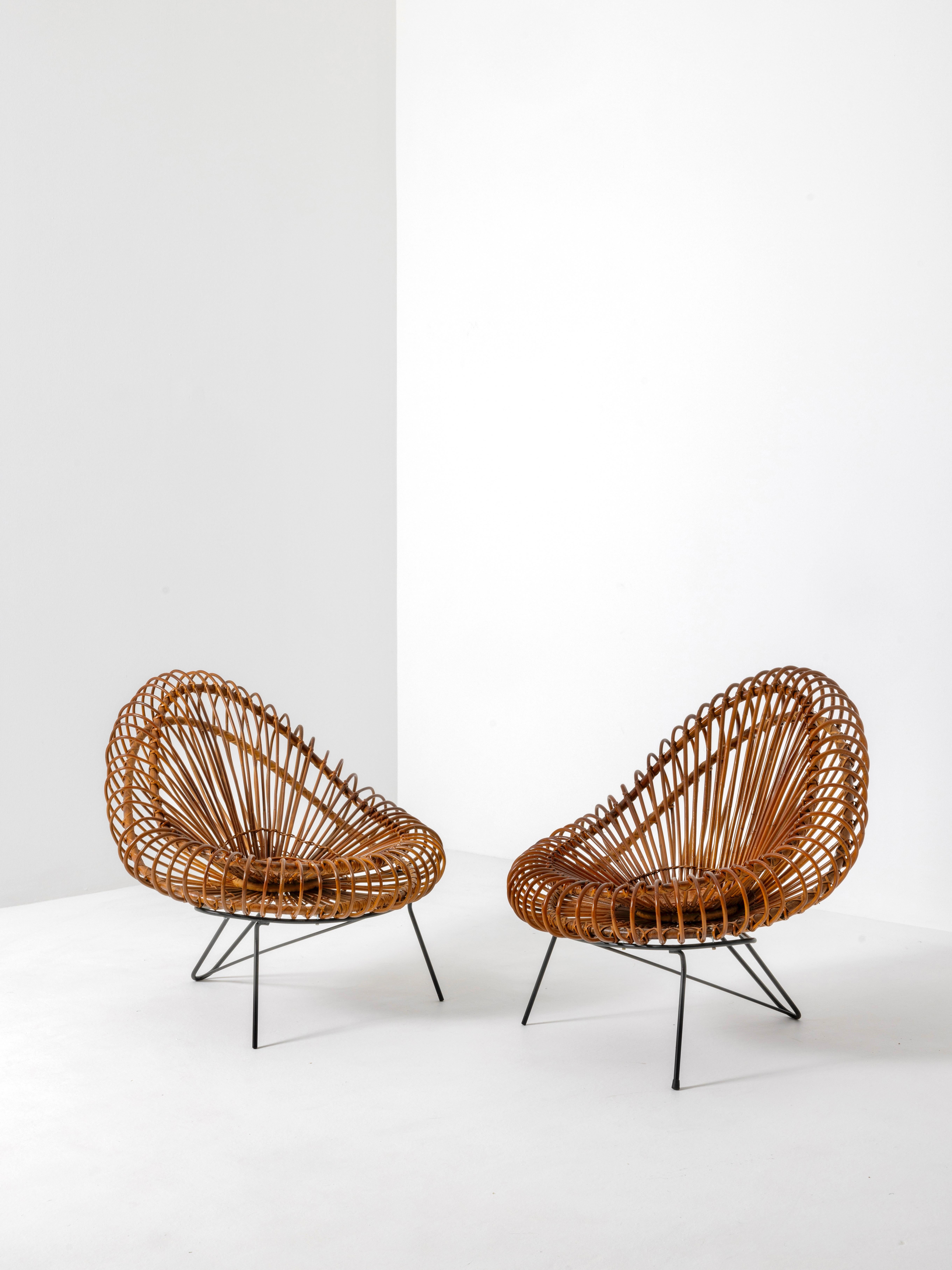 French 1950's Basketware Lounge Chairs by Janine Abraham & Dirk Jan Rol For Sale