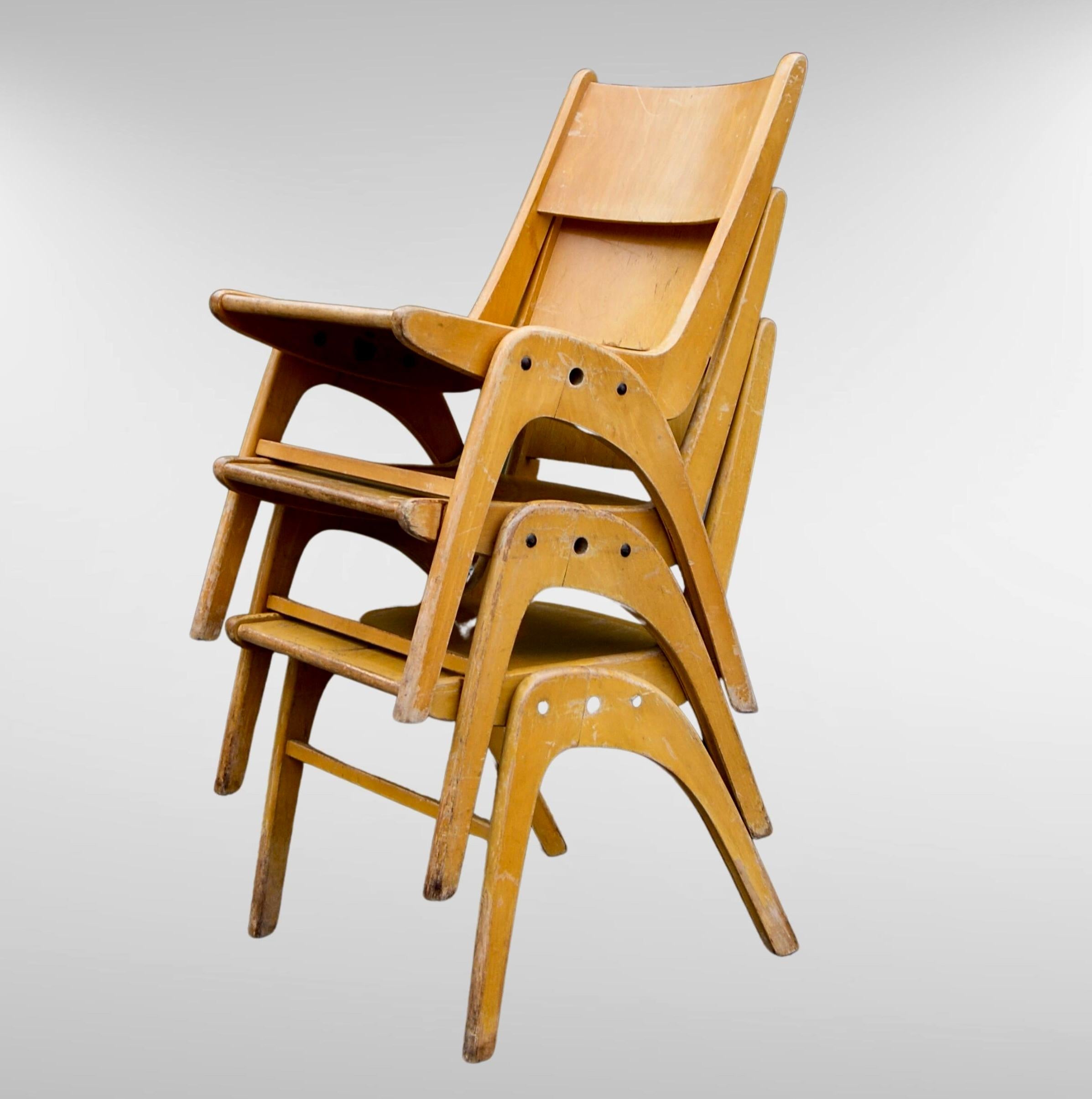 German 1950s Bauhaus Era Muster Casala Beech Stacking Dining Chairs Set of 6 For Sale