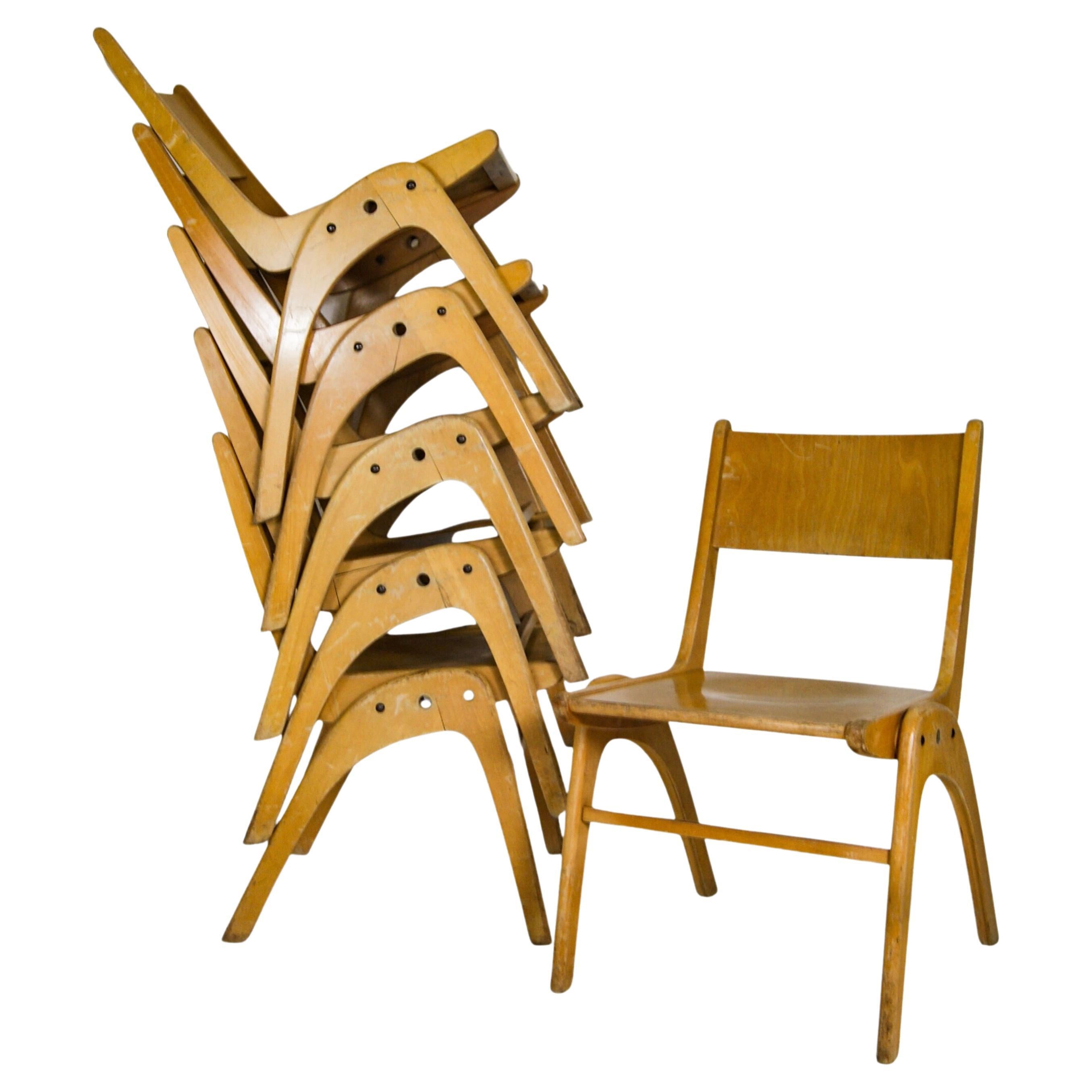 1950s Bauhaus Era Muster Casala Beech Stacking Dining Chairs Set of 6 For Sale