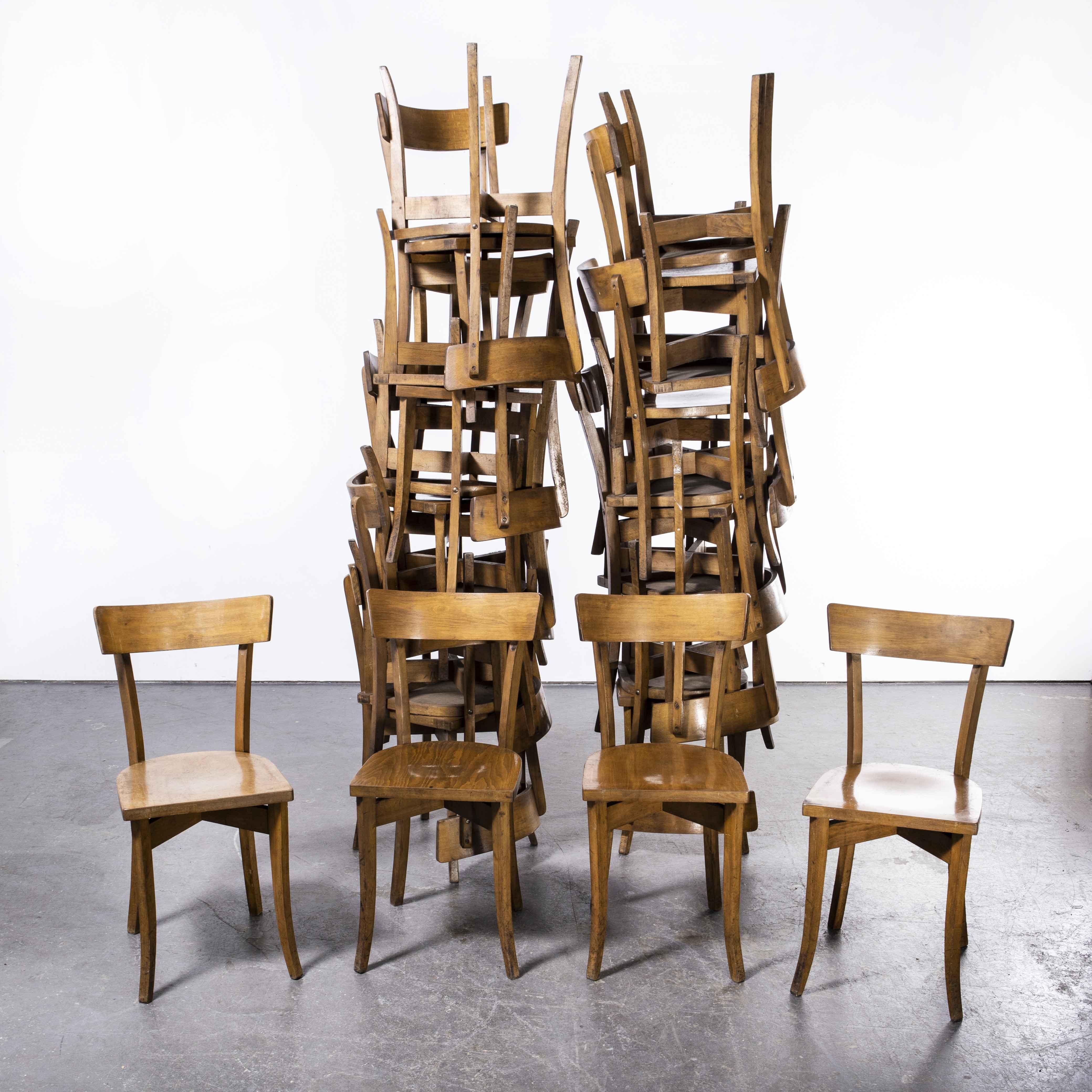 French 1950's Baumann Bentwood Bistro Dining Chair, Cross Frame, Set of Twenty Four