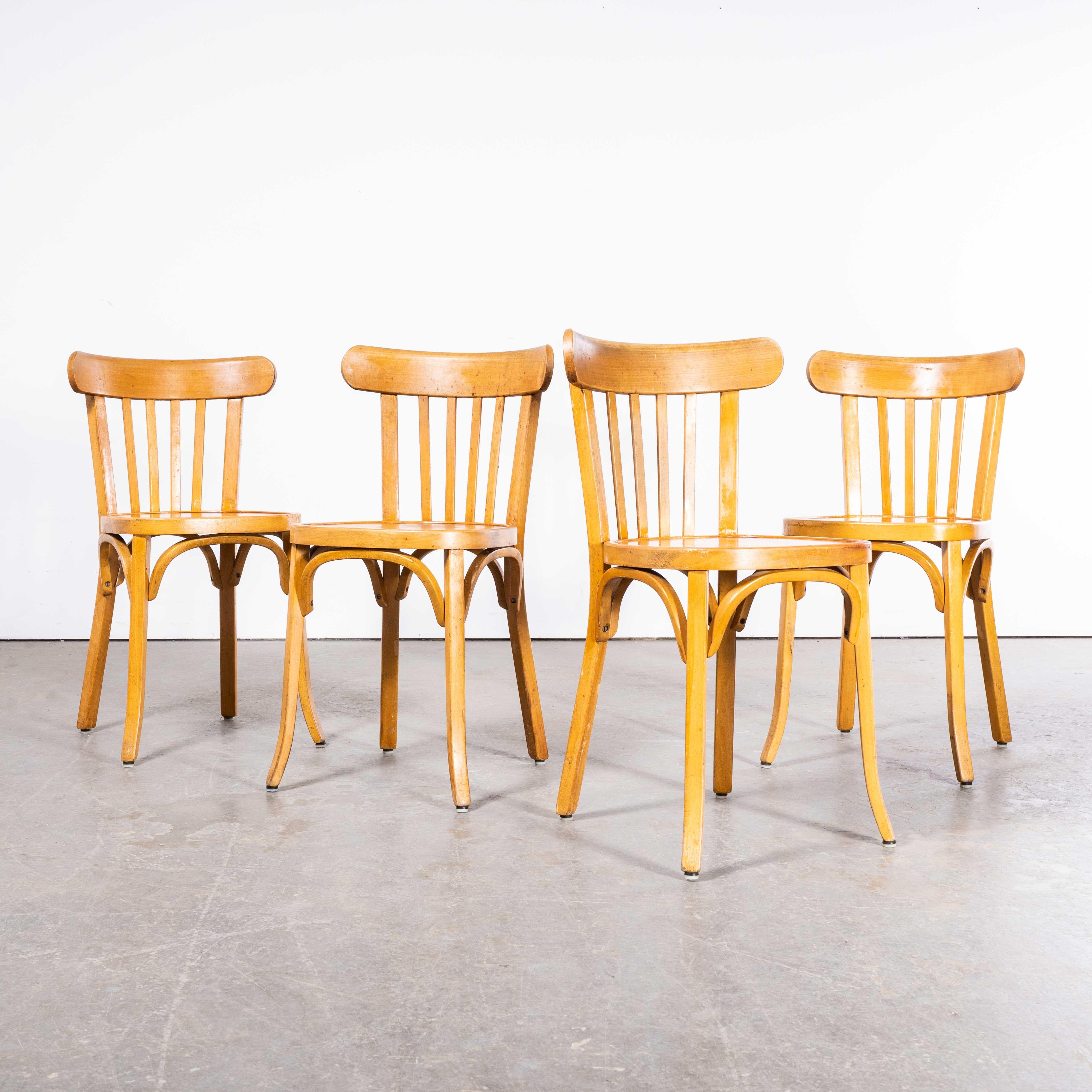 1950’s Baumann Bentwood Bistro Dining Chair – Honey – Set Of Four
1950’s Baumann Bentwood Bistro Dining Chair – Honey – Set Of Four. Classic Beech bistro chair made in France by the maker Baumann. Baumann is a slightly off the radar French producer