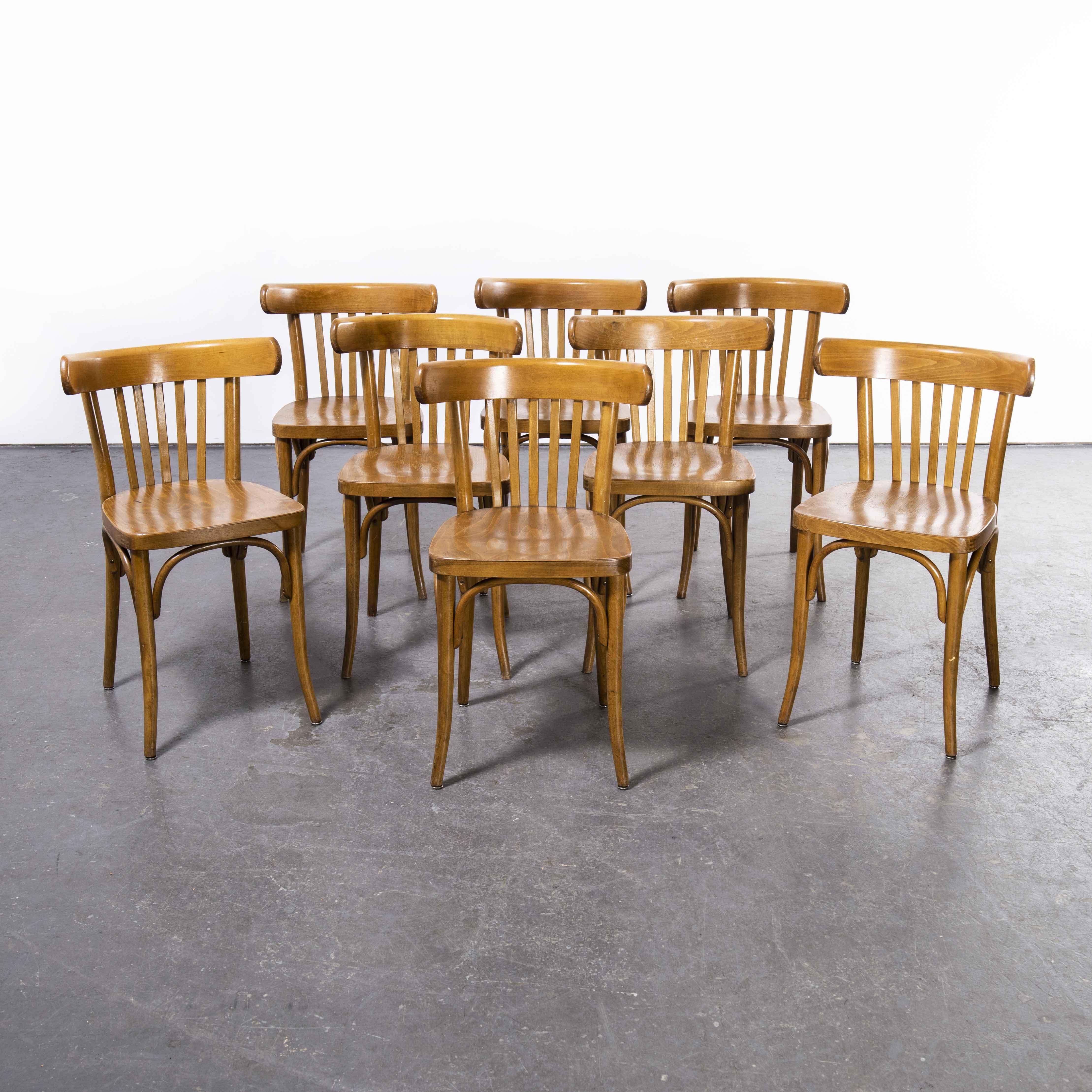 1950’s Baumann Bentwood Bistro dining chair – Set of eight (Model 1362)

1940’s Baumann Bentwood Bistro dining chair – Set of eight. Classic Beech bistro chair made in France by the maker Baumann. Baumann is a slightly off the radar French