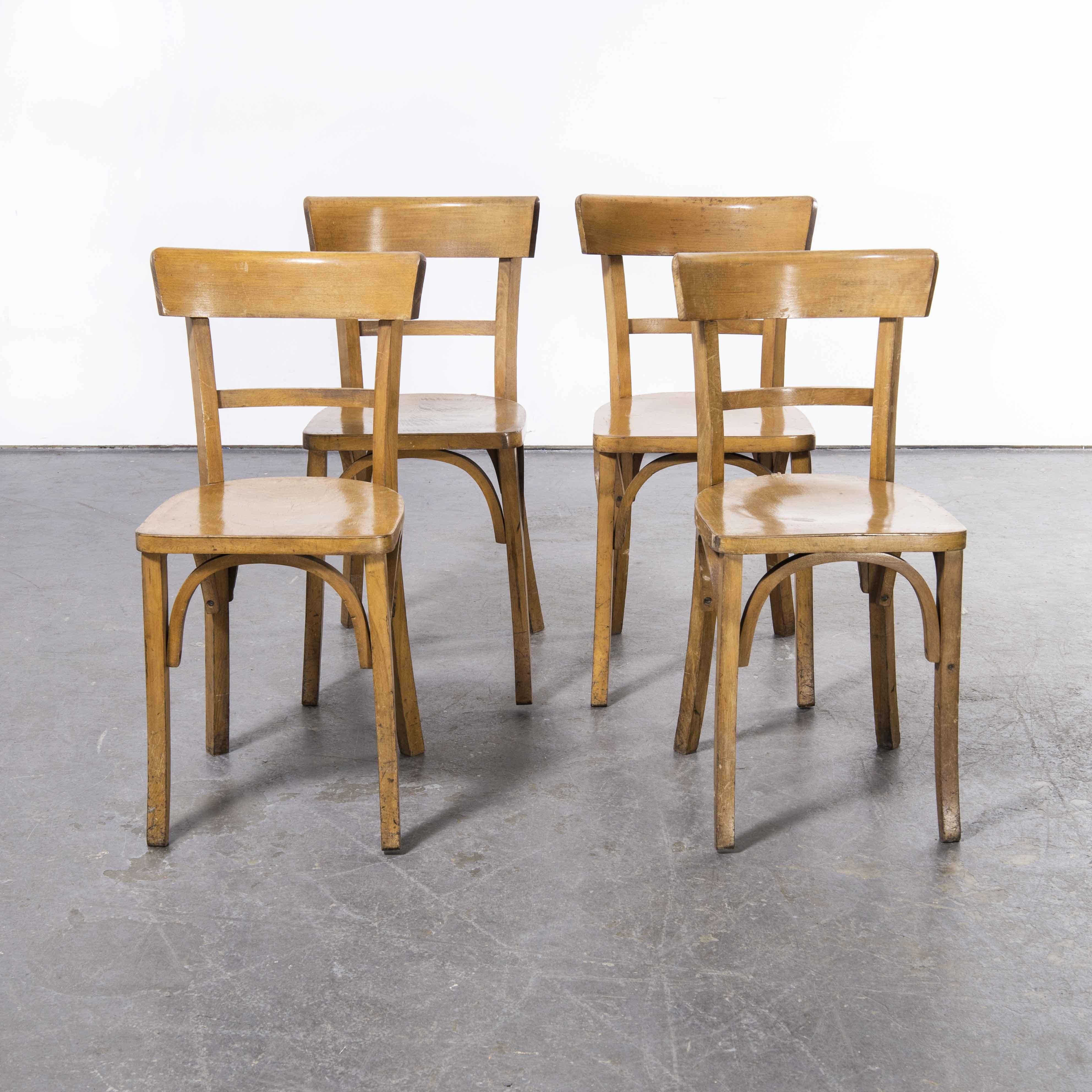 1950’s Baumann Bentwood bistro dining chair – single bar back – set of four
1950’s Baumann Bentwood bistro dining chair – single bar back – set of four. Classic Beech bistro chair made in France by the maker Baumann. Baumann is a slightly off the