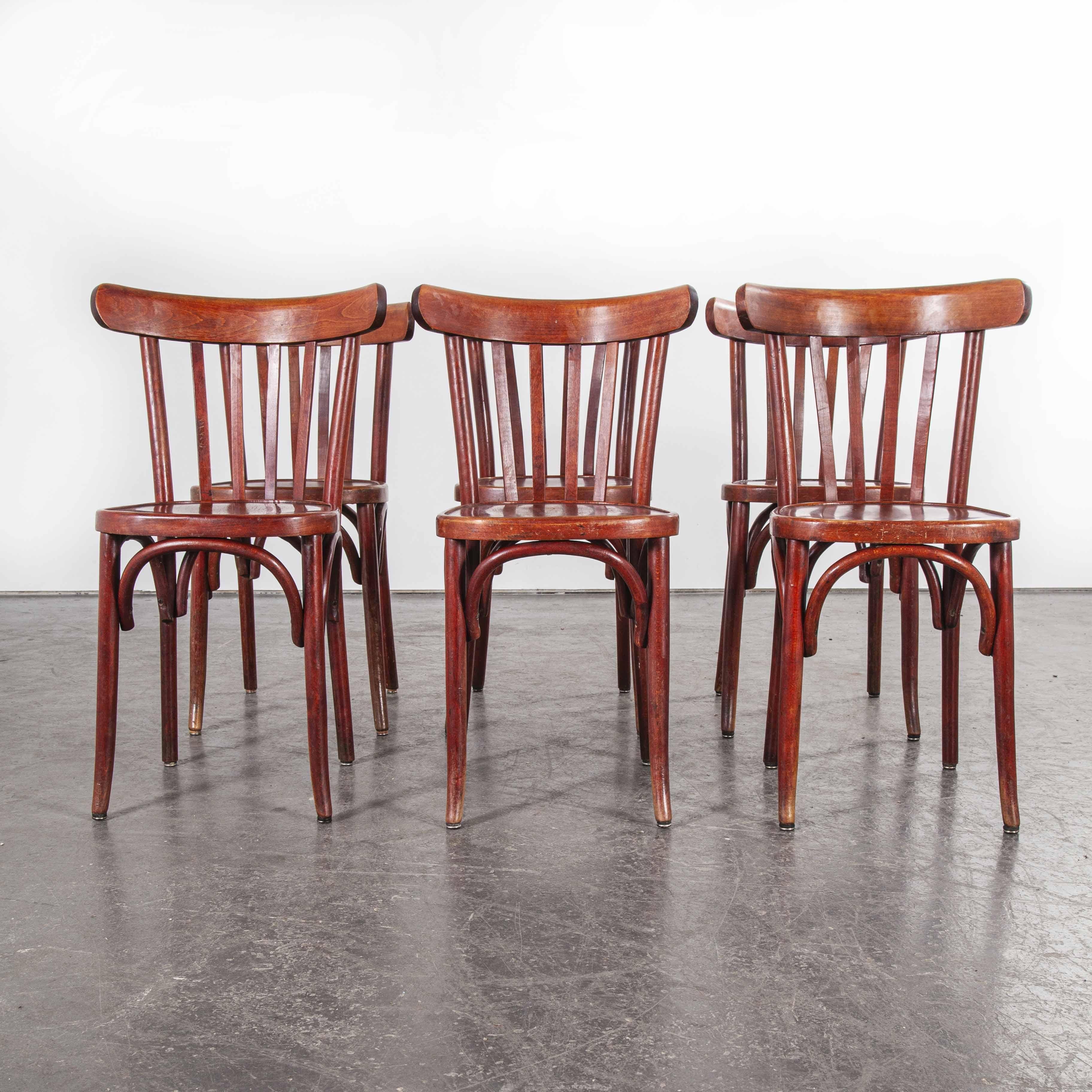 French 1950s Baumann Bentwood Bistro Dining Chair, Spice, Set of Six