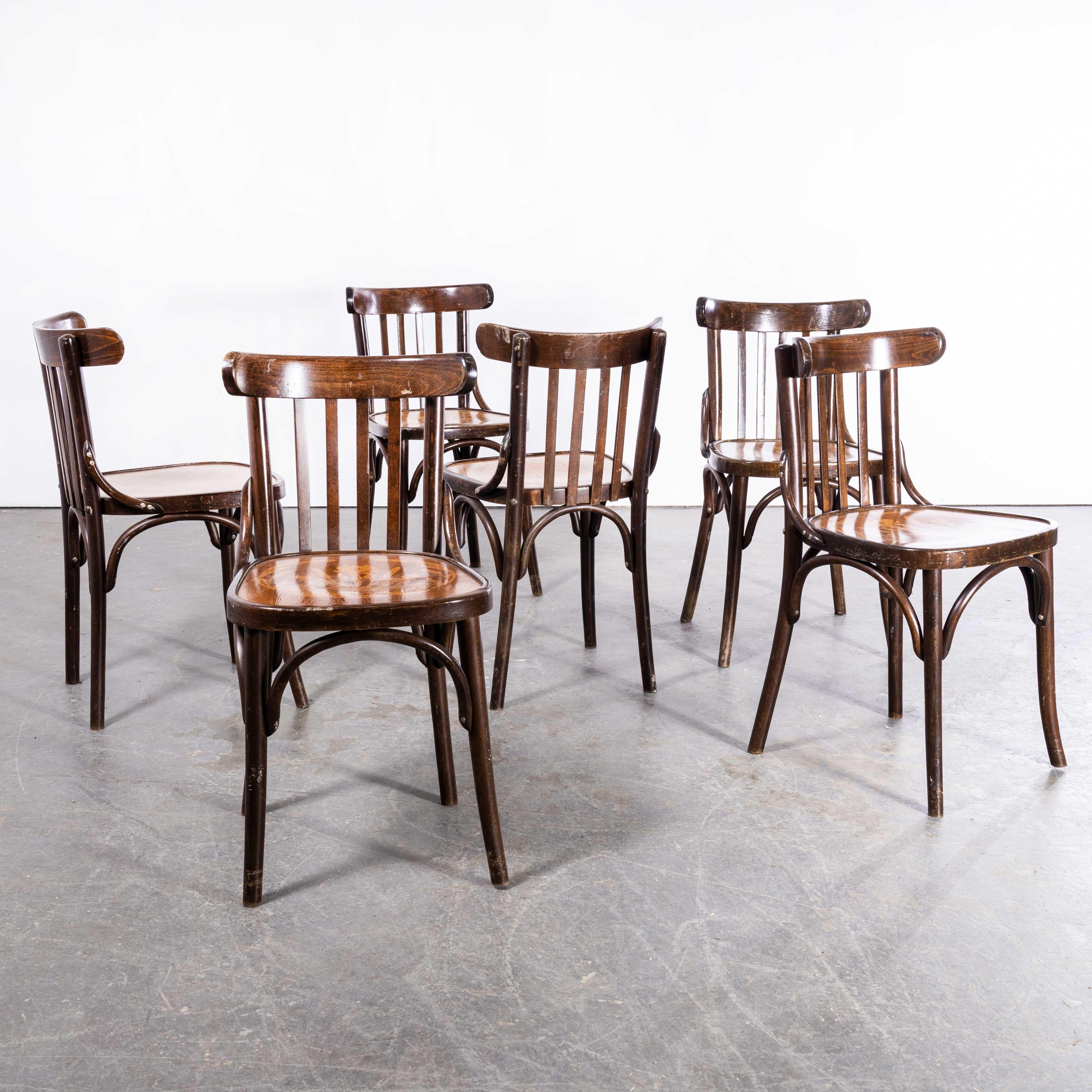 French 1950s Baumann Bentwood Bistro Dining Chair, Tonal, Set of Six For Sale