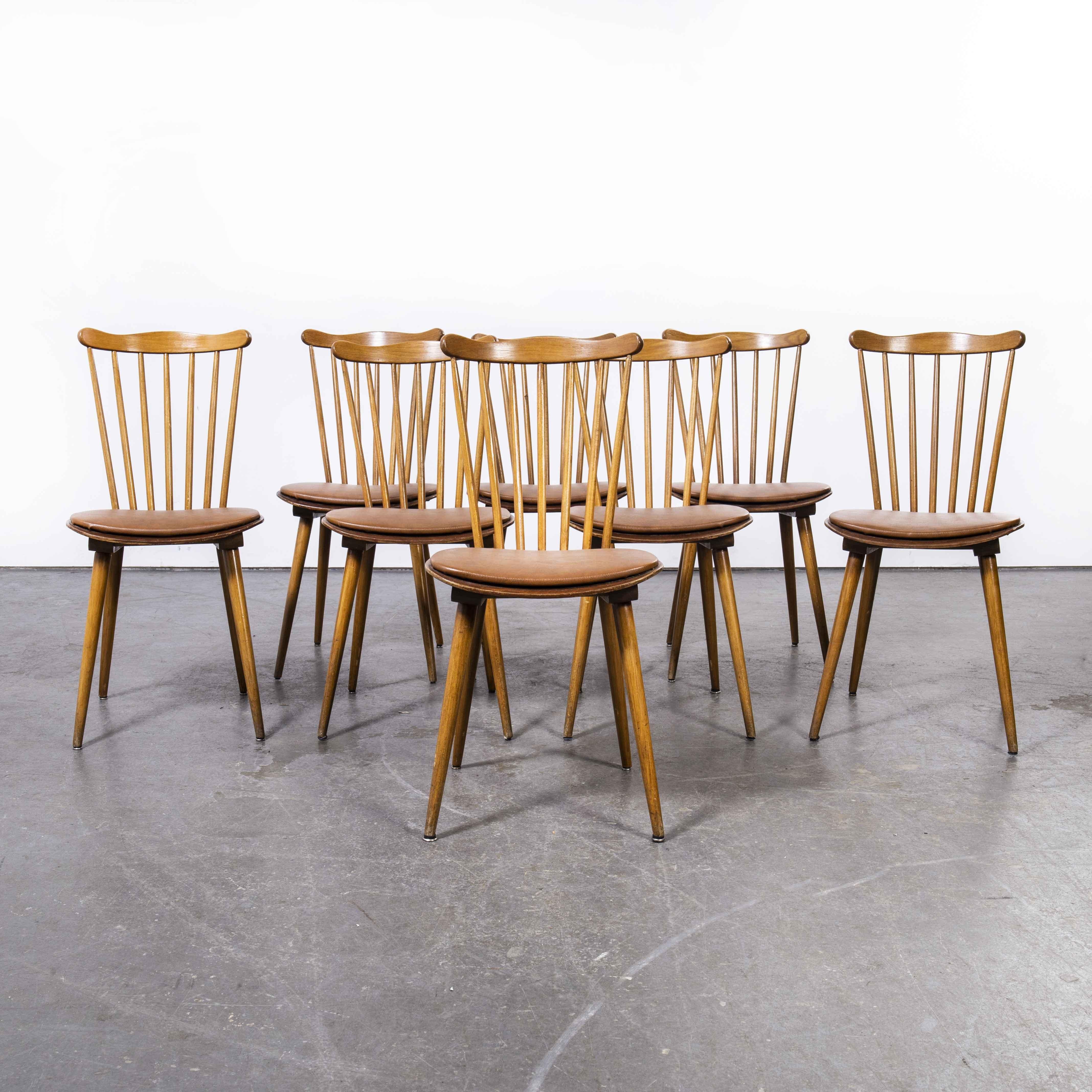 1950’s Baumann bentwood spindleback upholstered dining chair – set of eight brown

1950’s Baumann bentwood spindleback upholstered dining chair – set of eight brown. Classic beech spindle back chair made in France by the maker Baumann. Baumann is