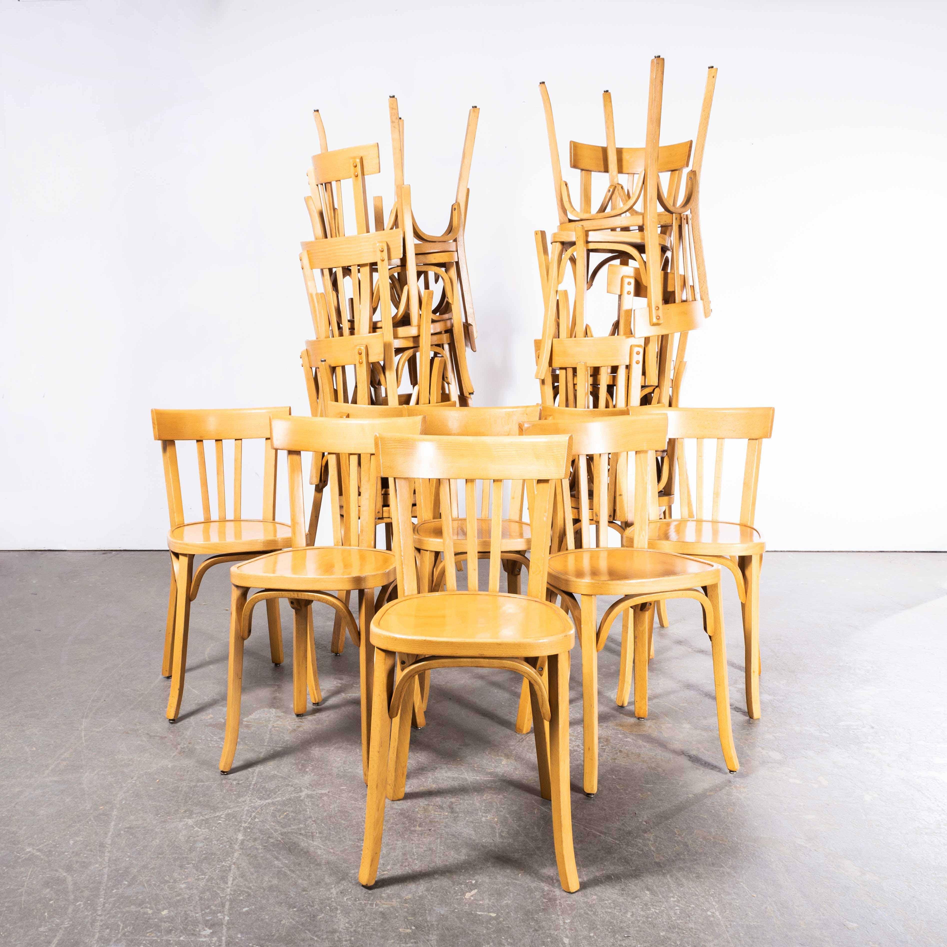 1950’s Baumann Bentwood Tri Back Dining Chair – Bleached – Various Quantities Available
1950’s Baumann Bentwood Tri Back Dining Chair – Honey – Various Quantities Available. Classic Beech bistro chair made in France by the maker Baumann. Baumann is
