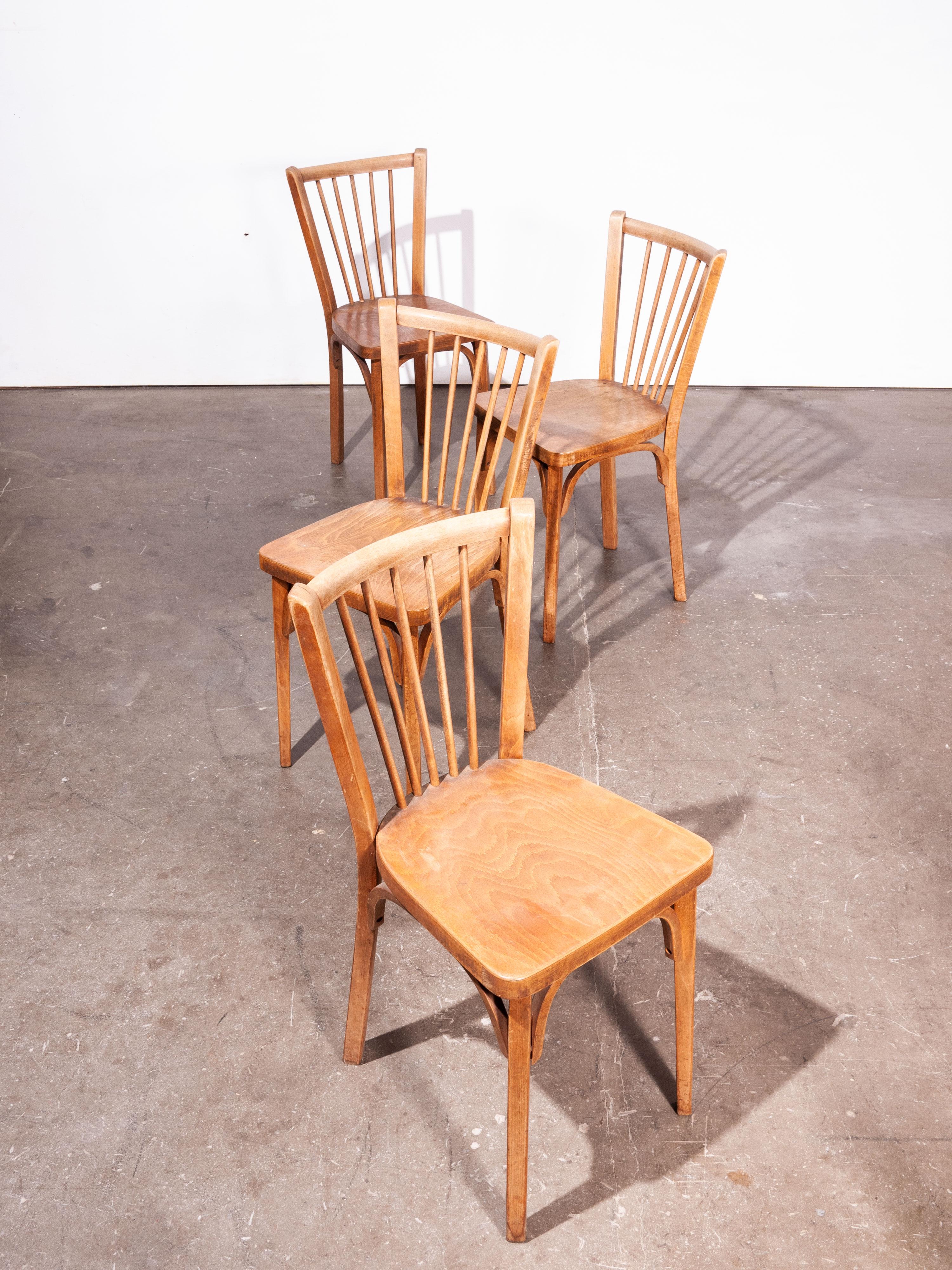 1950s Baumann bistro dining chairs, set of four

1950s vintage Baumann bistro dining chairs, set of four. Classic Beech bistro chairs made in France by the maker Joamin Baumann. Stunning original patina and the chairs are stamped by the maker. We