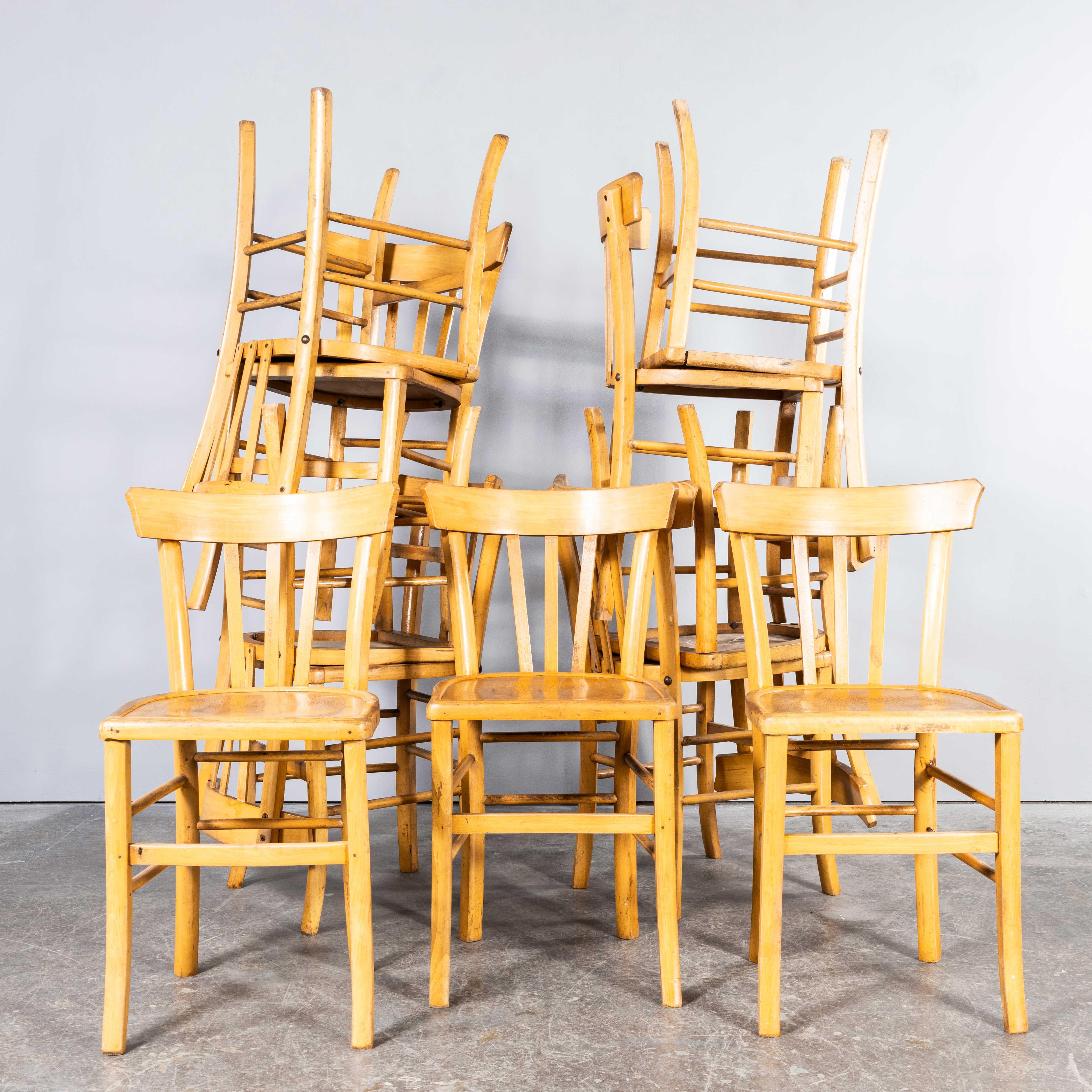 French 1950's Baumann Bleached Bentwood Tri Back Dining Chair - Set Of Eleven For Sale