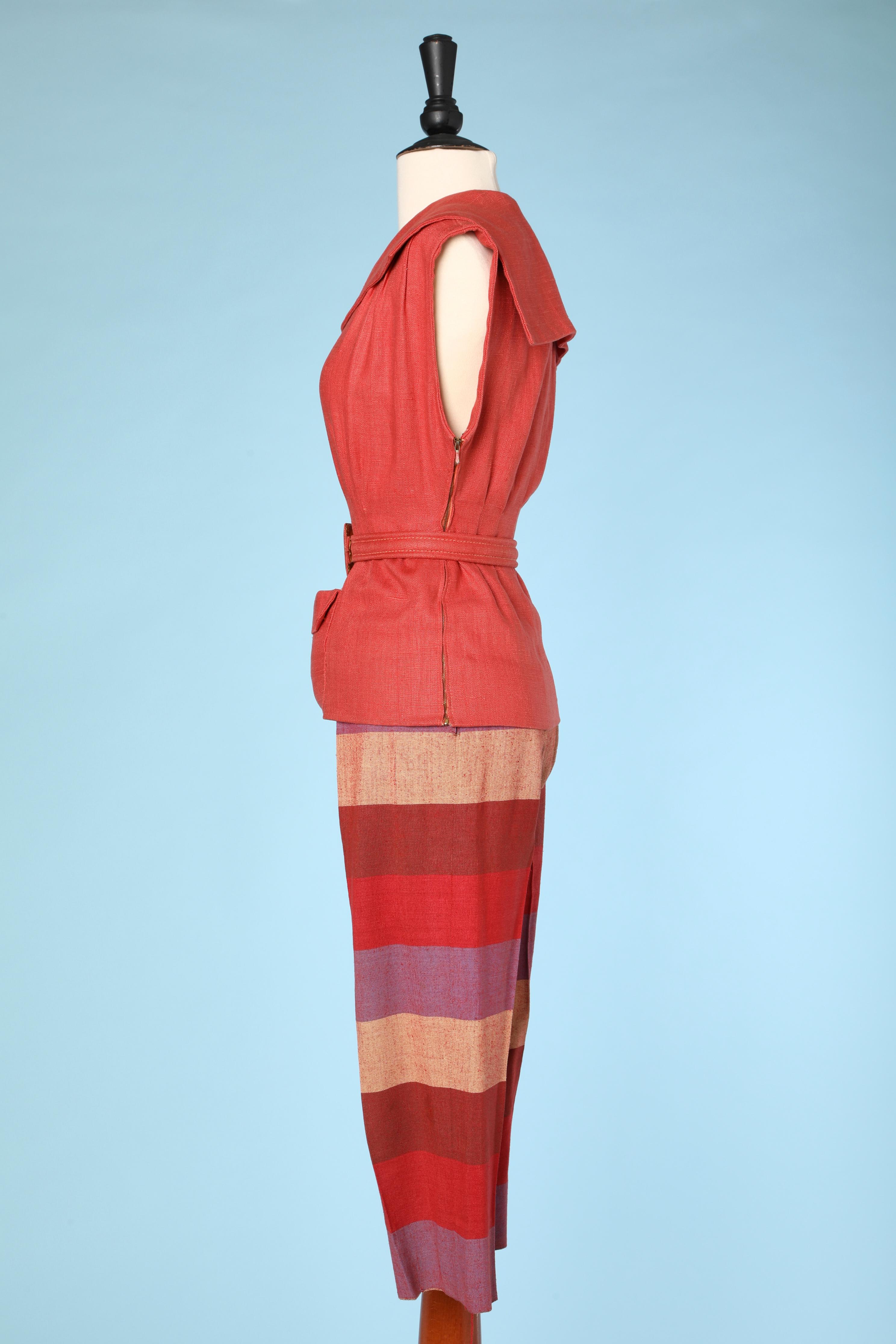 1950s beachwear set in orange linen and stripes by Carven In Good Condition In Saint-Ouen-Sur-Seine, FR