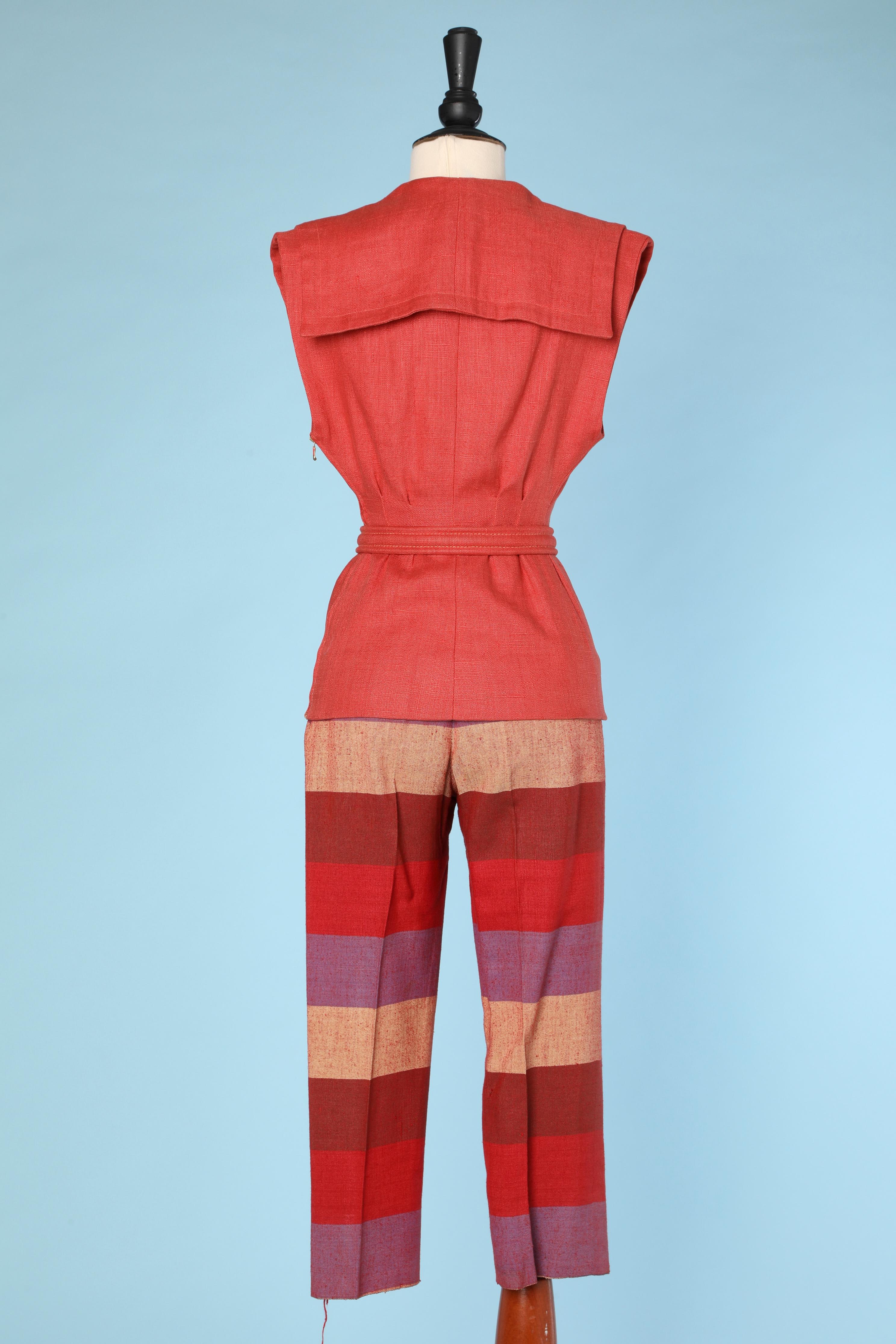 Women's 1950s beachwear set in orange linen and stripes by Carven