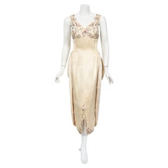 1950's Beaded Appliqué Candlelight Satin Hourglass Peplum Custom Couture Dress