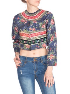 1950S Beaded Cotton Floral Jacket With Embroidered Ribbon Trim