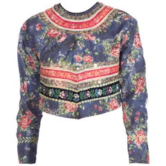1950S Beaded Cotton Floral Jacket With Embroidered Ribbon Trim