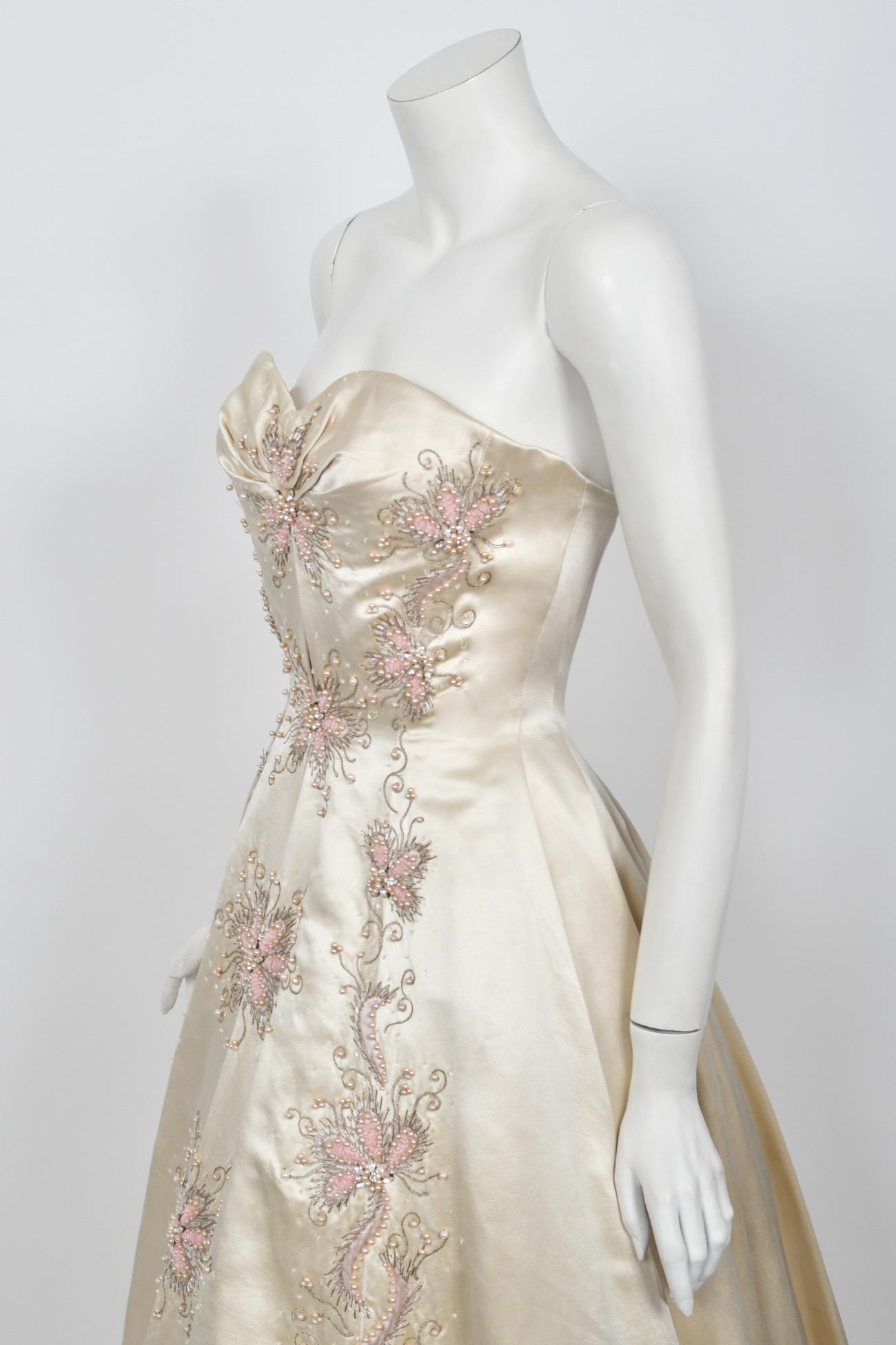 1950's Beaded Embroidered Cream & Pale Pink Satin Strapless Couture Ballgown 5