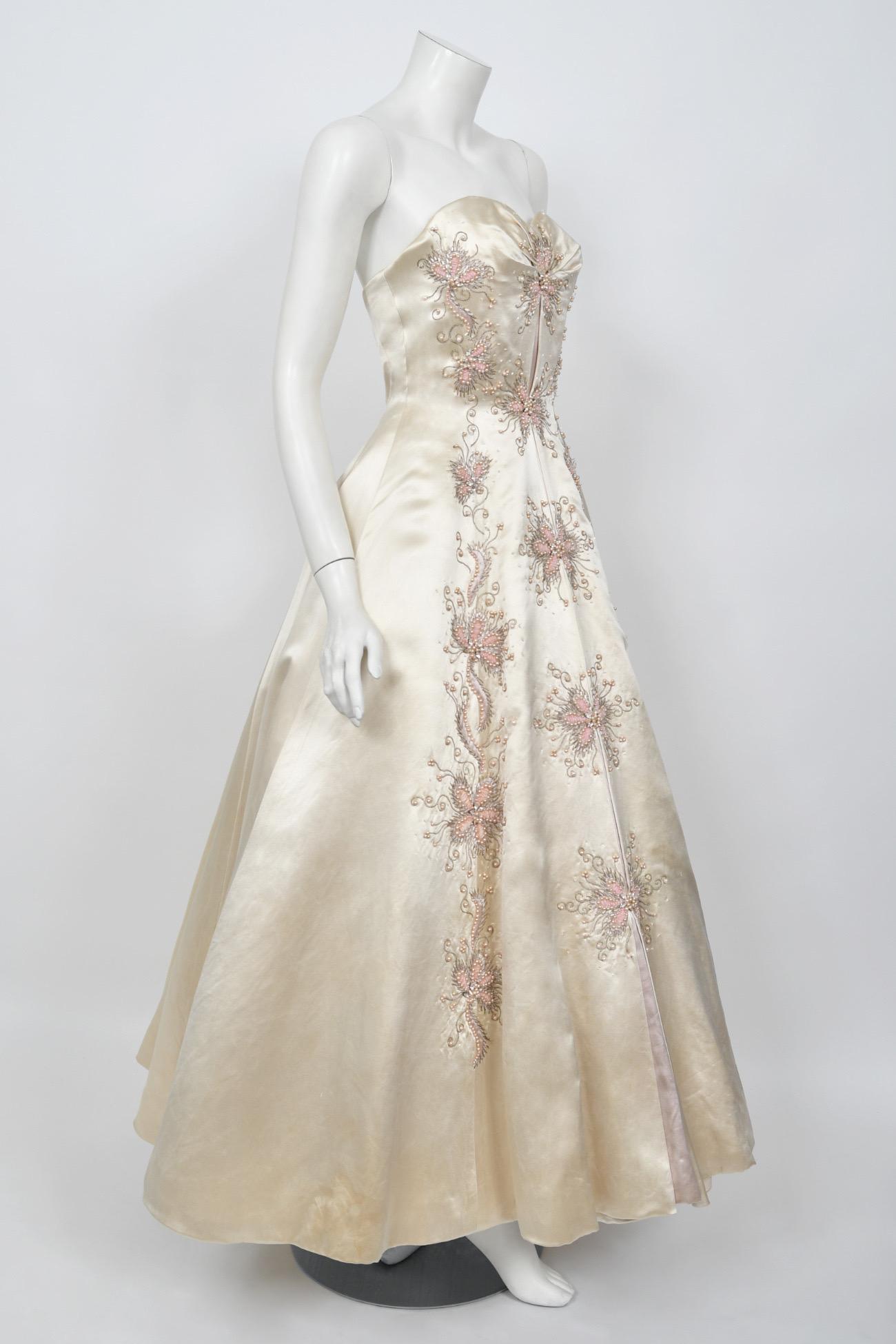 1950's Beaded Embroidered Cream & Pale Pink Satin Strapless Couture Ballgown 6