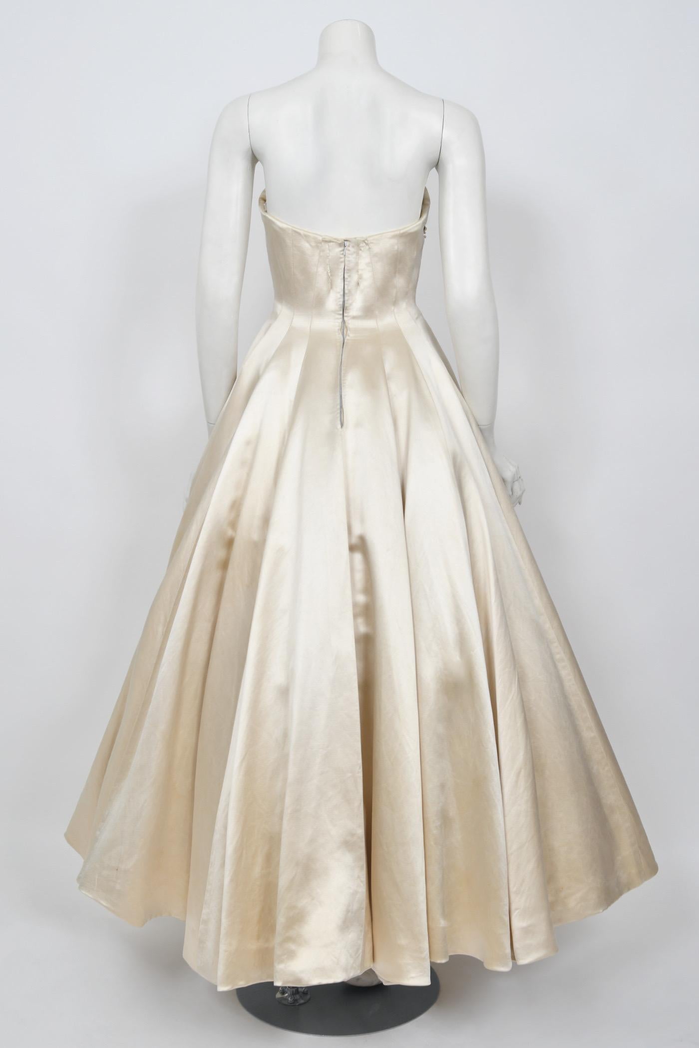 1950's Beaded Embroidered Cream & Pale Pink Satin Strapless Couture Ballgown 8
