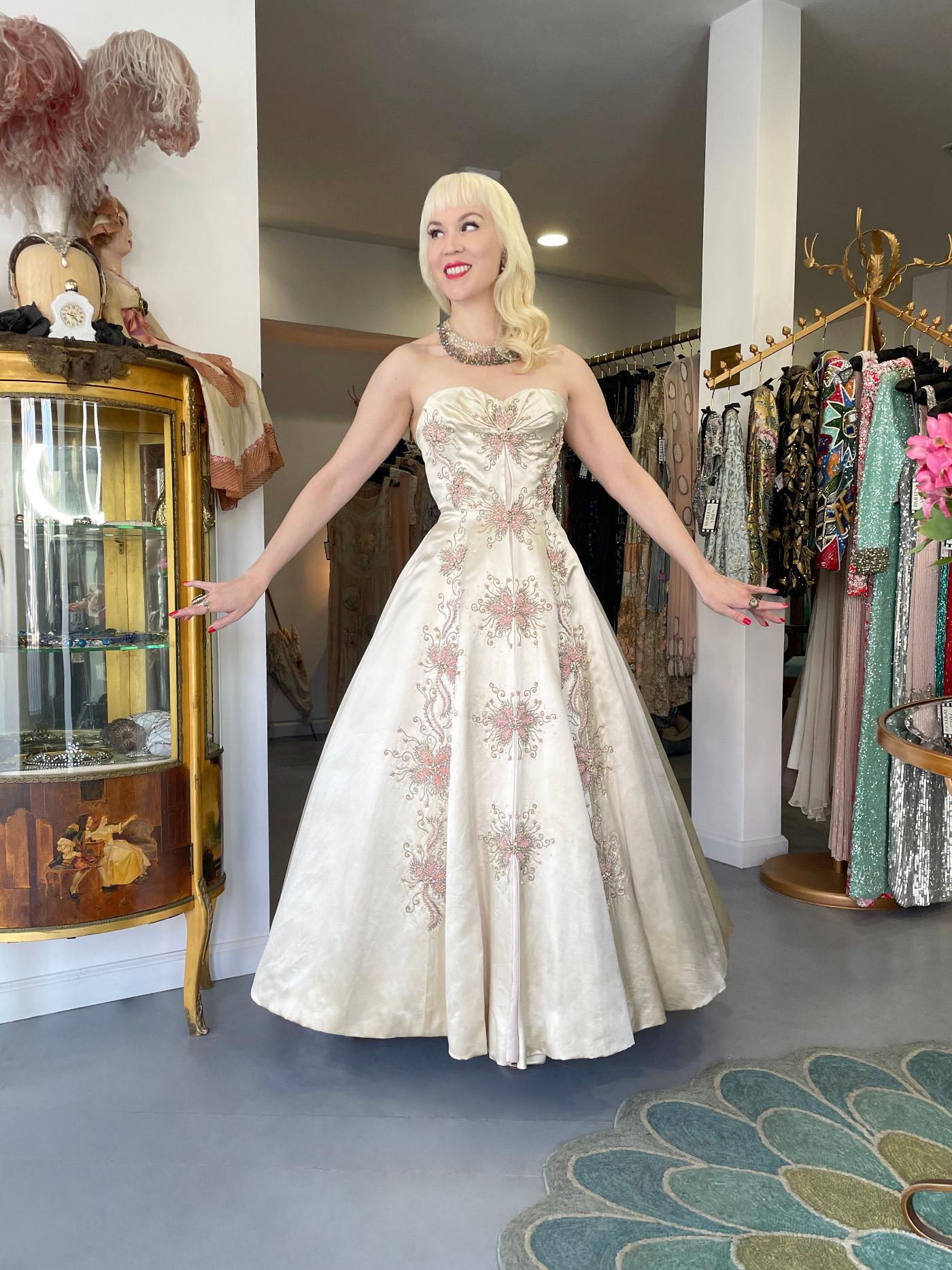 1950's Beaded Embroidered Cream & Pale Pink Satin Strapless Couture Ballgown 9