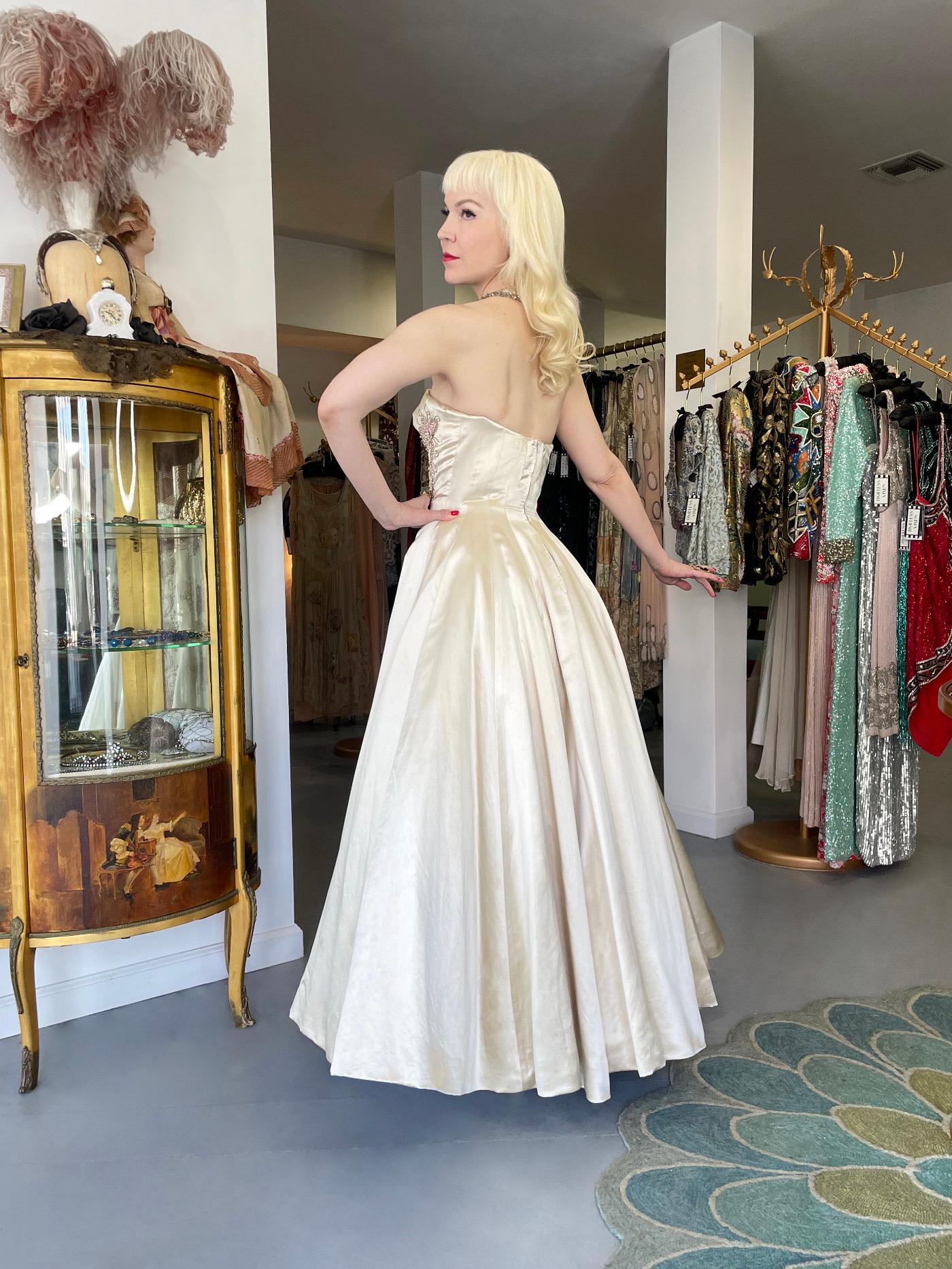 1950's Beaded Embroidered Cream & Pale Pink Satin Strapless Couture Ballgown 10