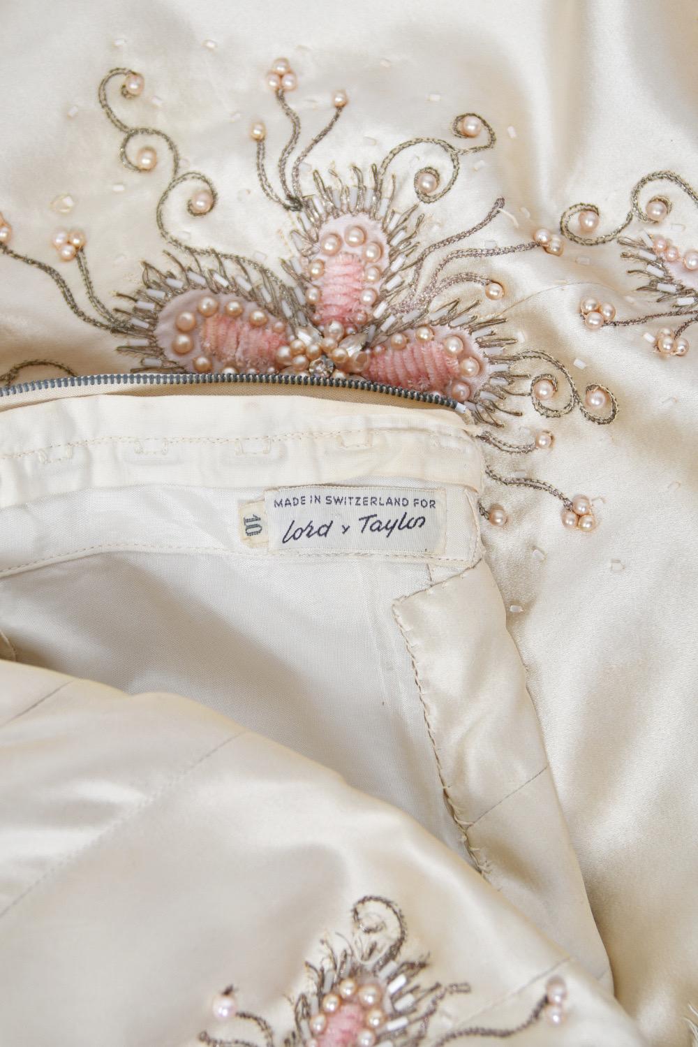1950's Beaded Embroidered Cream & Pale Pink Satin Strapless Couture Ballgown 11