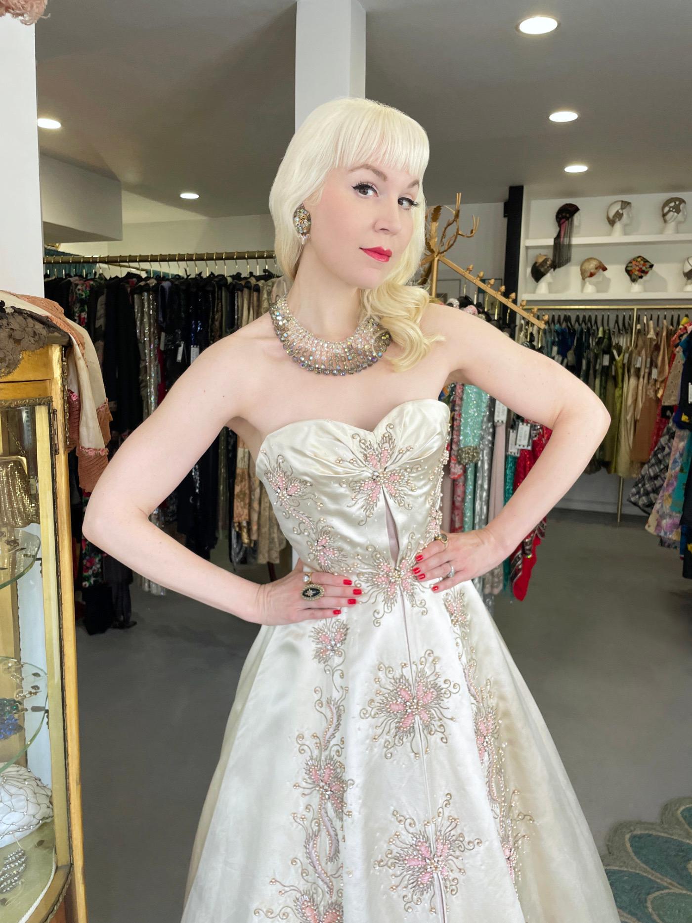 White 1950's Beaded Embroidered Cream & Pale Pink Satin Strapless Couture Ballgown