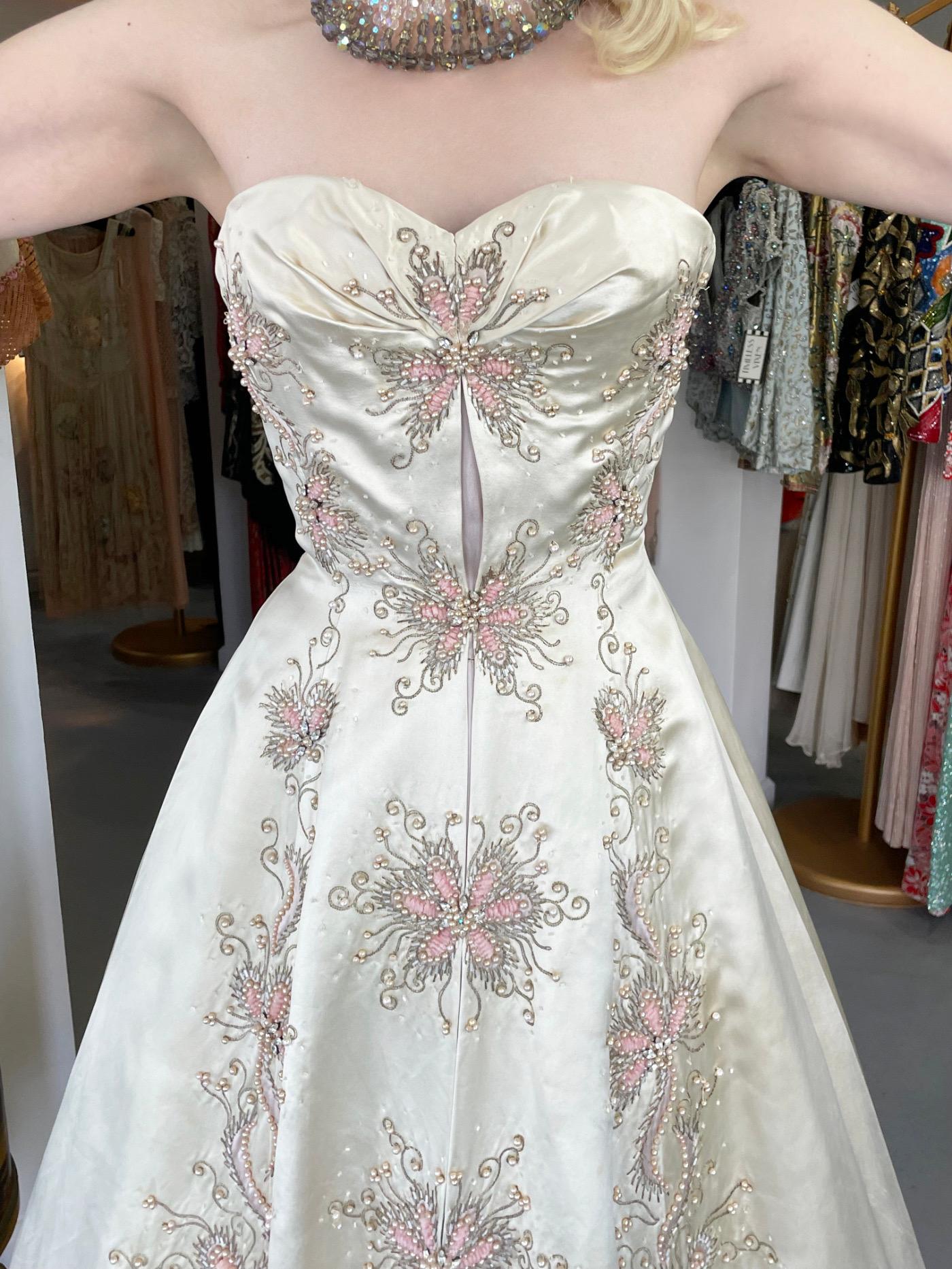 1950's Beaded Embroidered Cream & Pale Pink Satin Strapless Couture Ballgown In Good Condition In Beverly Hills, CA