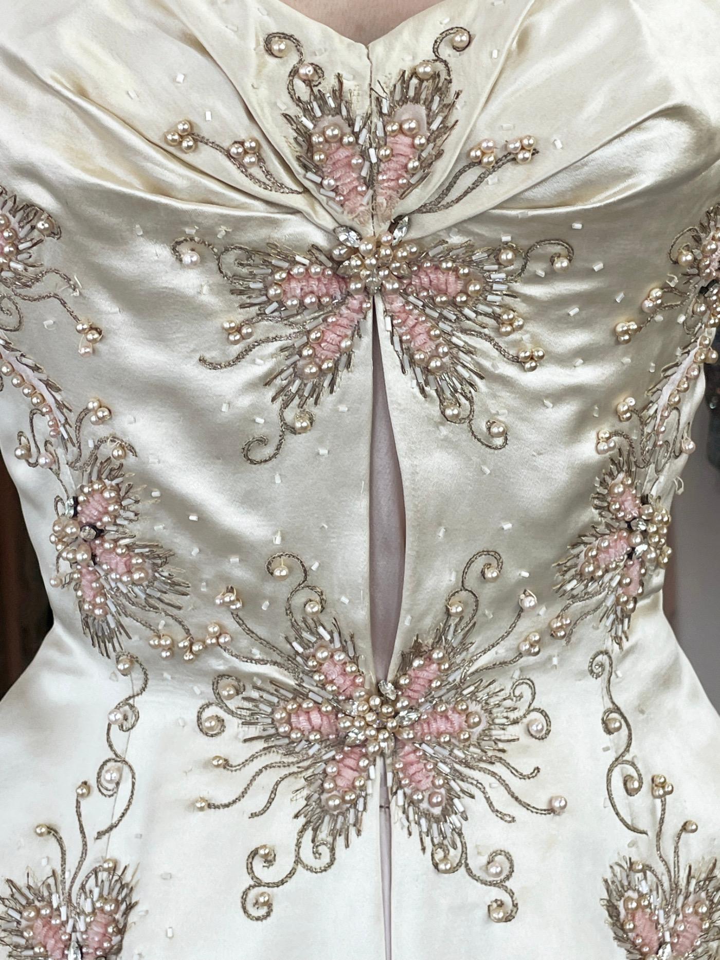 Women's 1950's Beaded Embroidered Cream & Pale Pink Satin Strapless Couture Ballgown