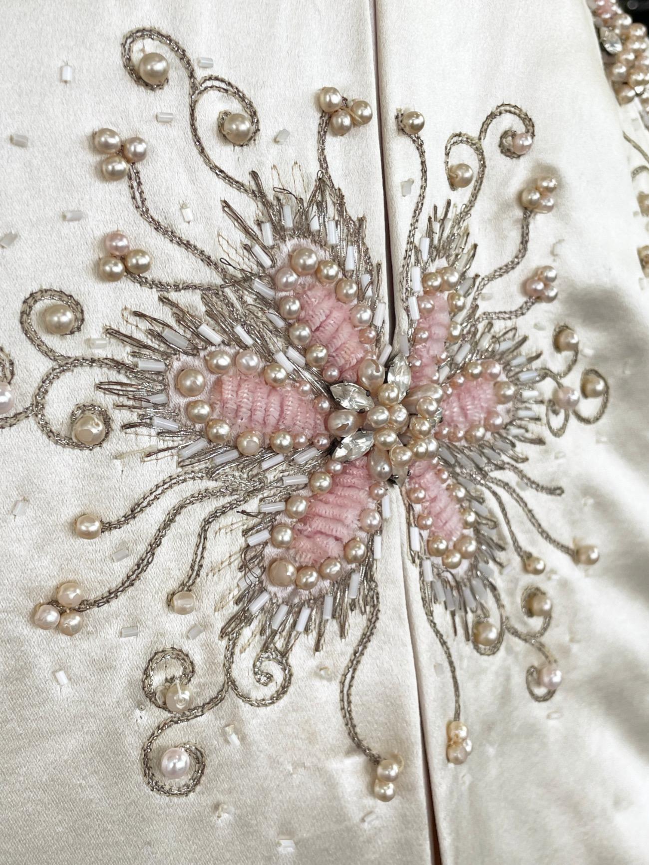 1950's Beaded Embroidered Cream & Pale Pink Satin Strapless Couture Ballgown 1