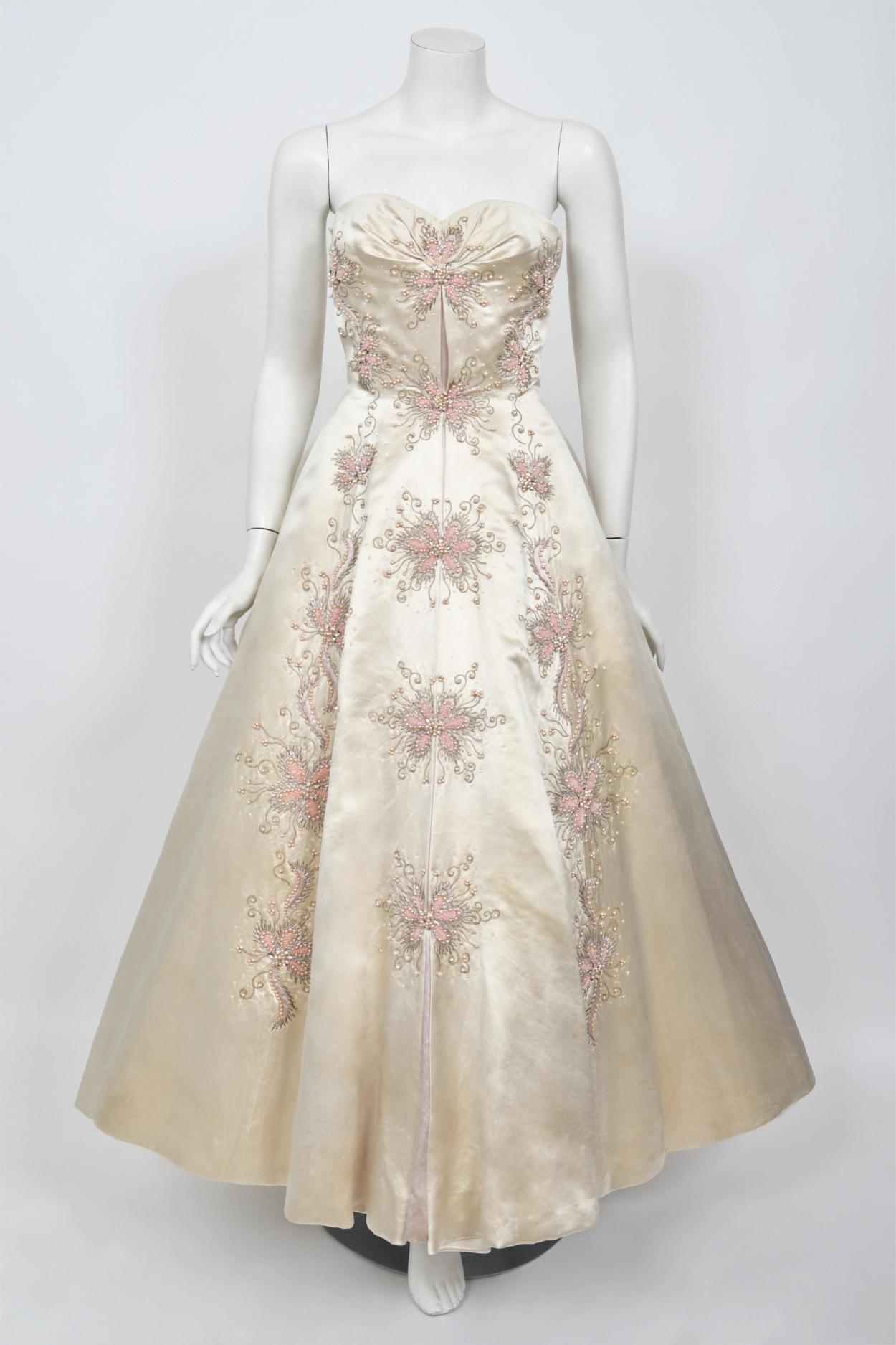 1950's Beaded Embroidered Cream & Pale Pink Satin Strapless Couture Ballgown 2