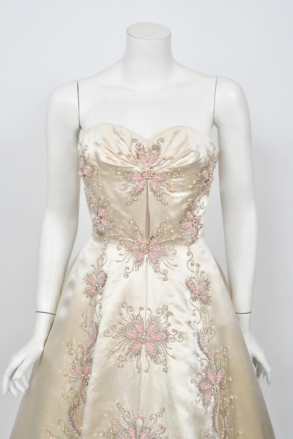 1950's Beaded Embroidered Cream & Pale Pink Satin Strapless Couture Ballgown 3