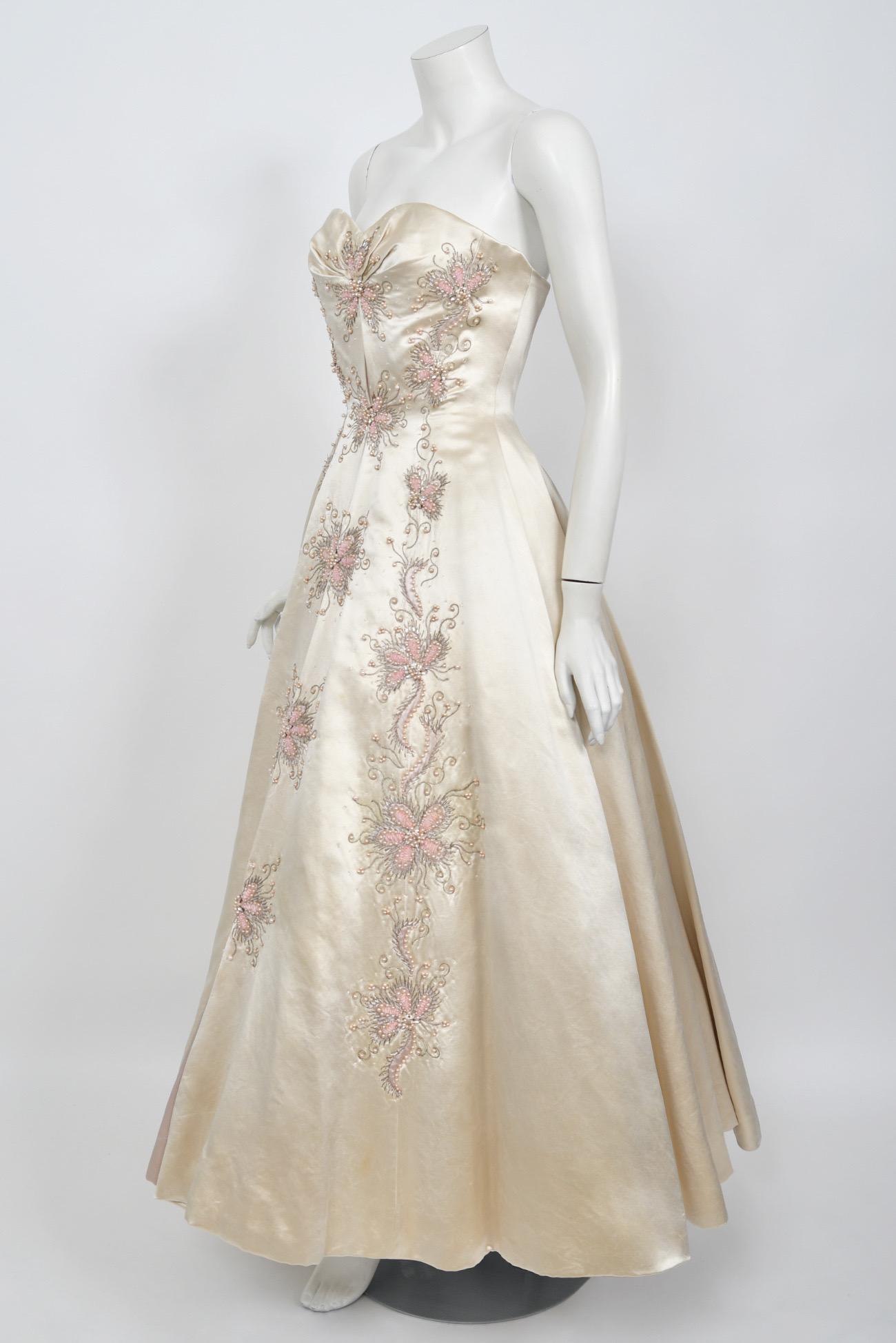 1950's Beaded Embroidered Cream & Pale Pink Satin Strapless Couture Ballgown 4