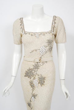 1950's Beaded Grapevine Motif Ivory Hand-Knit Sequin Wool Hourglass Belted Dress