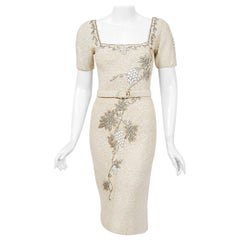 Vintage 1950's Beaded Grapevine Motif Ivory Hand-Knit Sequin Wool Hourglass Belted Dress