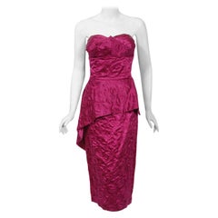 1950's Beaumelle Embroidered Fuchsia Satin Shelf-Bust Strapless Peplum Dress 