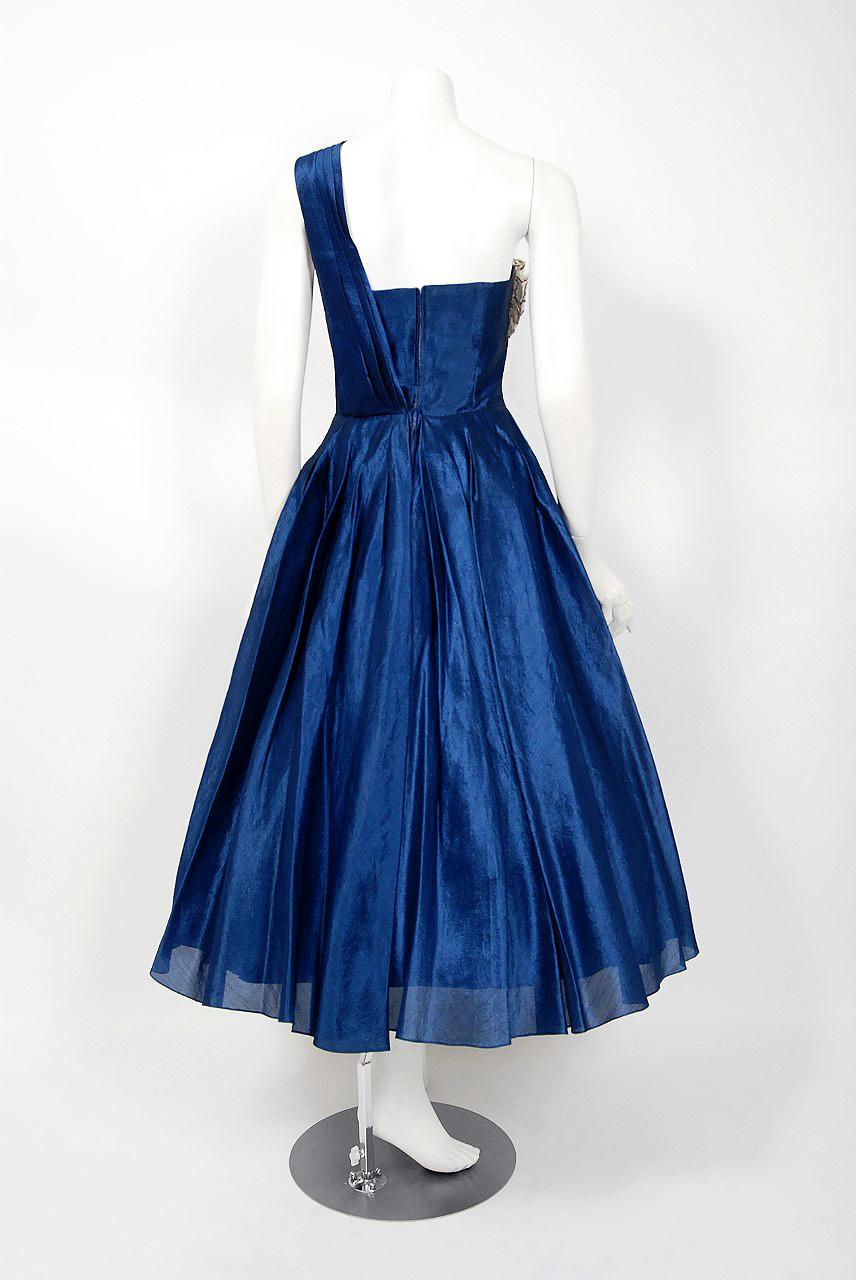 Vintage 1950's Beaumelle Sapphire Organza & Metallic Lace One-Shoulder Dress In Good Condition For Sale In Beverly Hills, CA