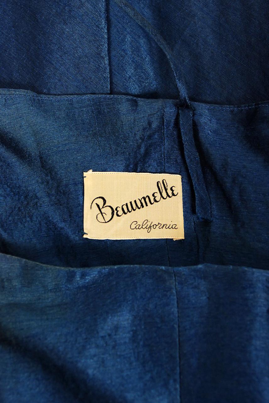 Women's Vintage 1950's Beaumelle Sapphire Organza & Metallic Lace One-Shoulder Dress For Sale