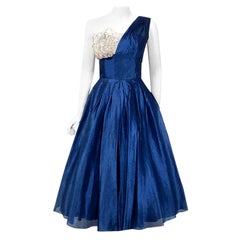 1950's Beaumelle Sapphire Organza & Metallic Lace One-Shoulder 'New Look' Dress