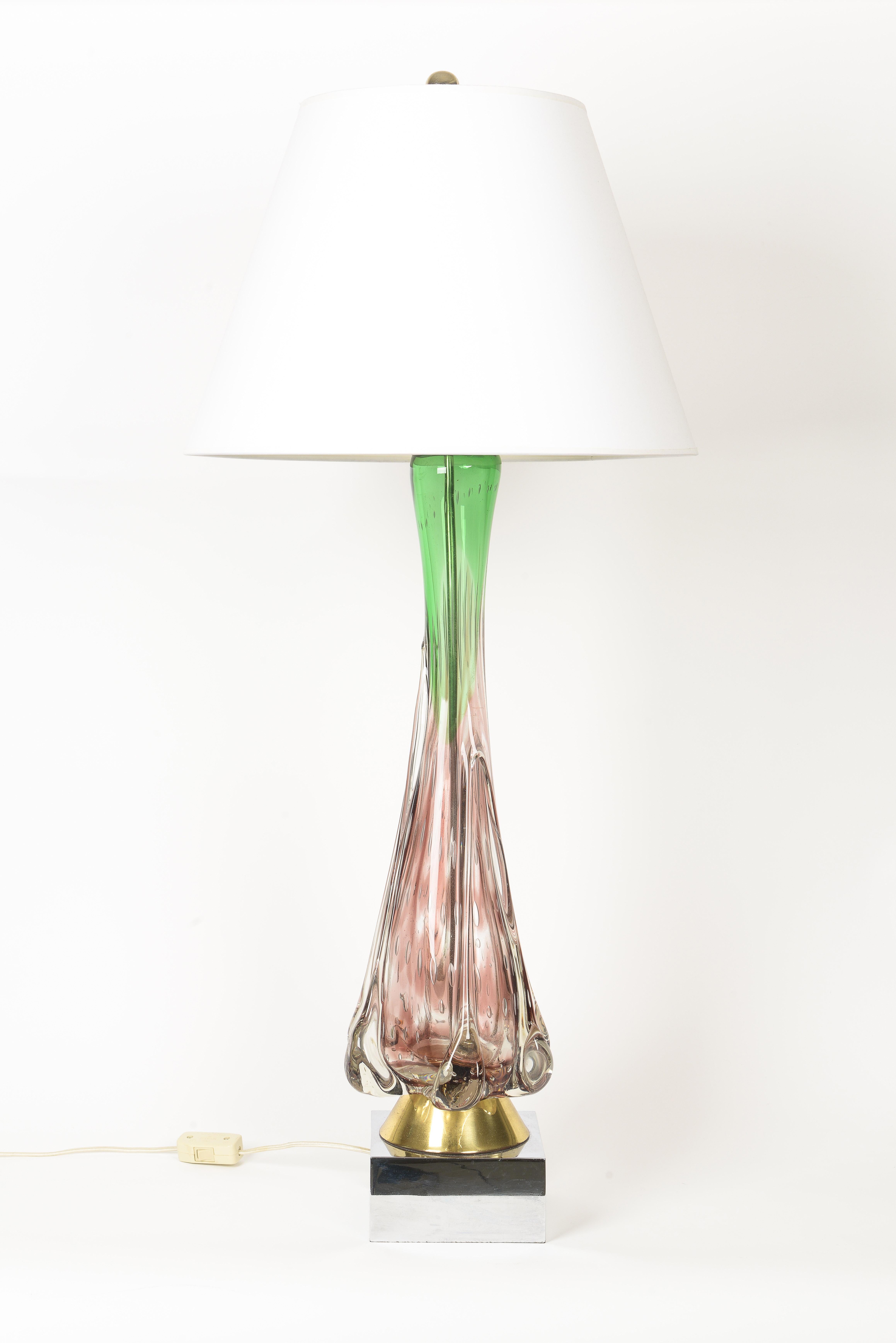 Mid-Century Modern 1950s Beautiful Pair of Colored Murano Glass Lamps with Metal Base For Sale