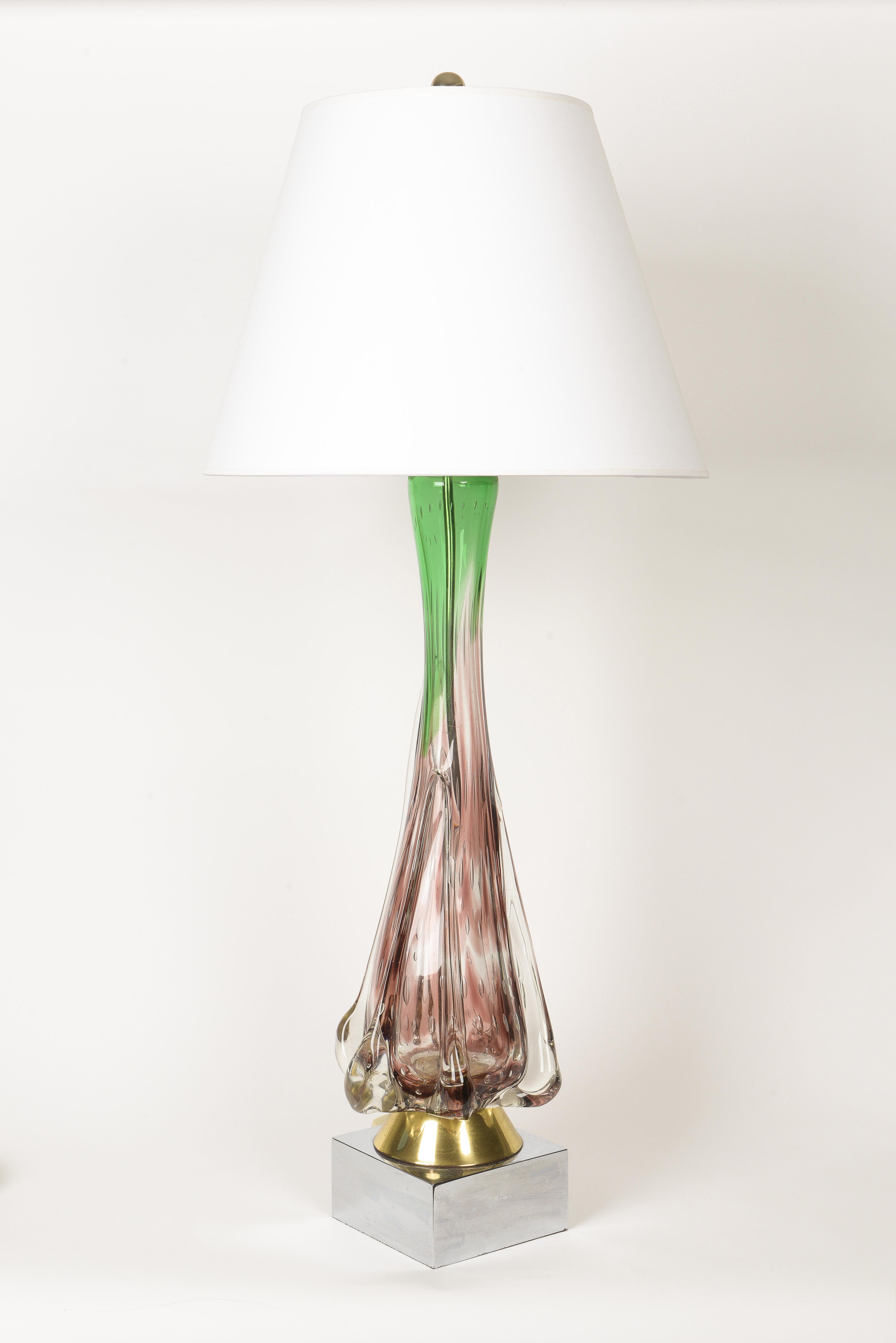 1950s Beautiful Pair of Colored Murano Glass Lamps with Metal Base For Sale 4