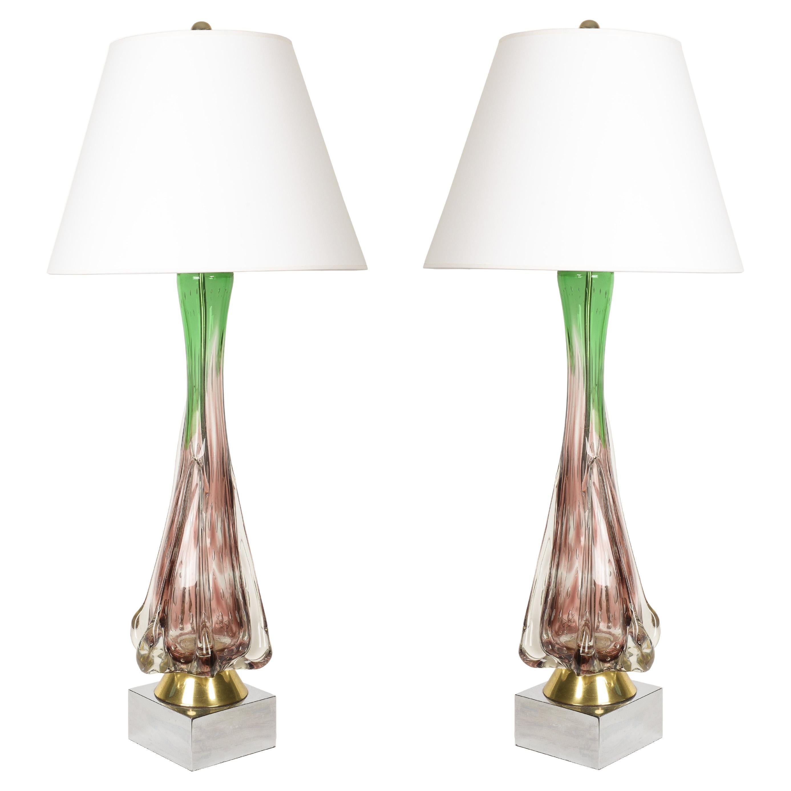 1950s Beautiful Pair of Colored Murano Glass Lamps with Metal Base