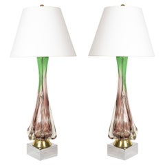1950s Beautiful Pair of Colored Murano Glass Lamps with Metal Base