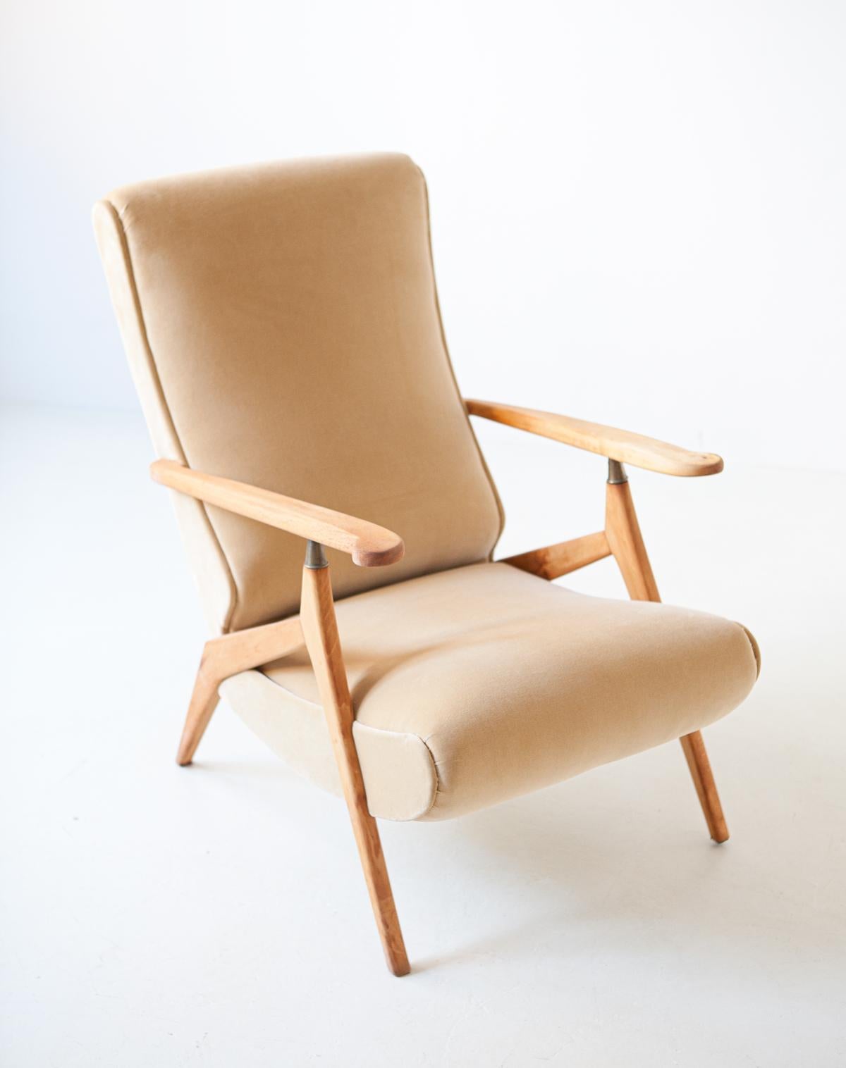 Mid-20th Century 1950s Beech and Sand Velvet Recliner Lounge Chair