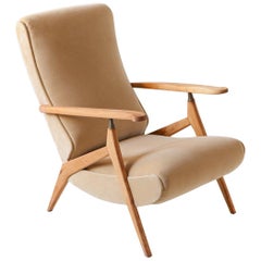 1950s Beech and Sand Velvet Recliner Lounge Chair