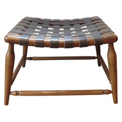 1950s Beechwood and Brown Leather Strap Wooden Stool