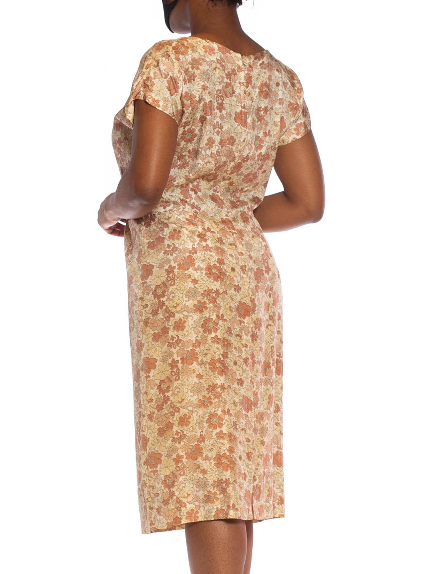 1950S Beige & Brown Silk Indian Floral Print Dress Jacket Ensemble For Sale 4