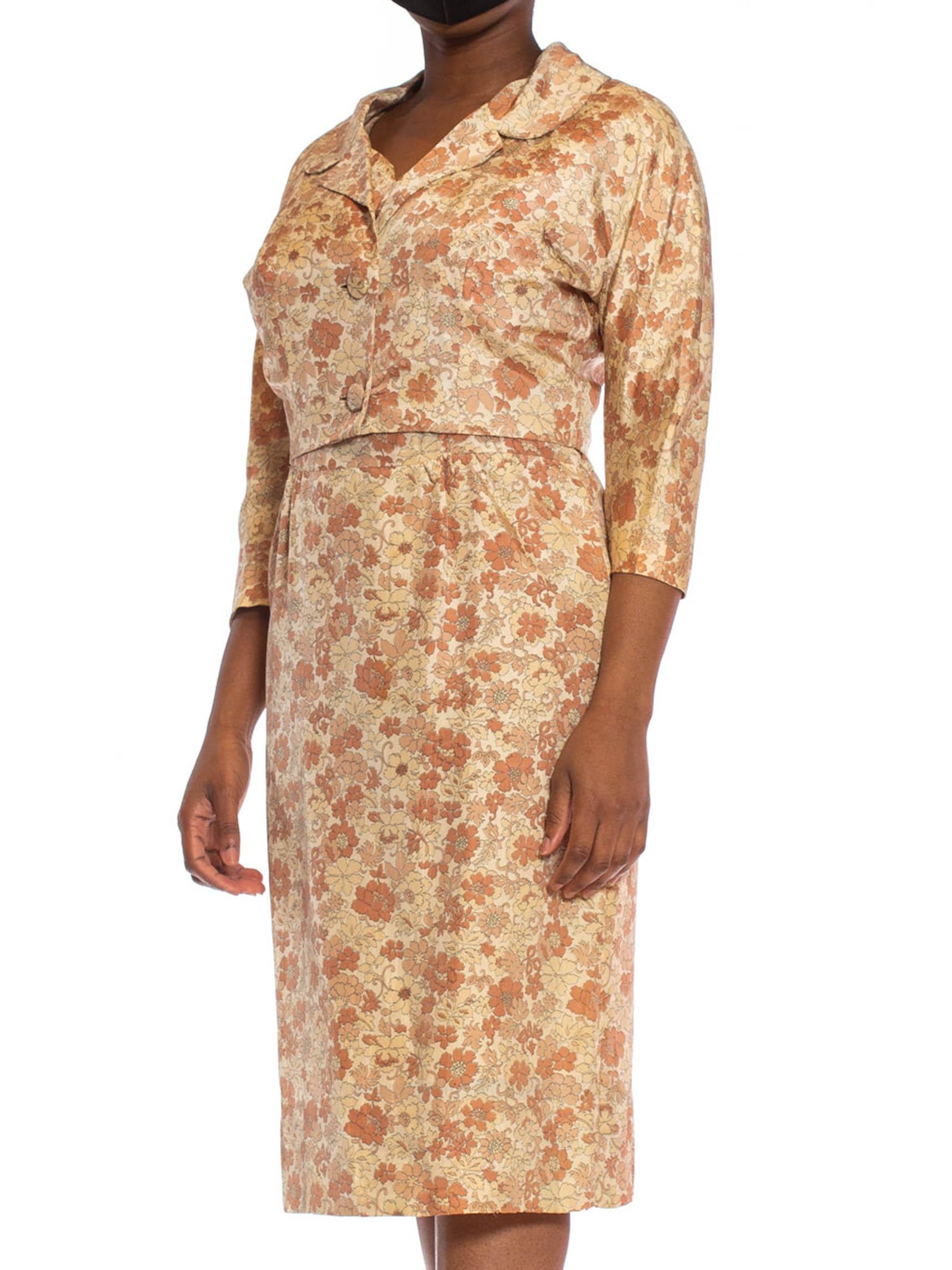 1950S Beige & Brown Silk Indian Floral Print Dress Jacket Ensemble For Sale 1