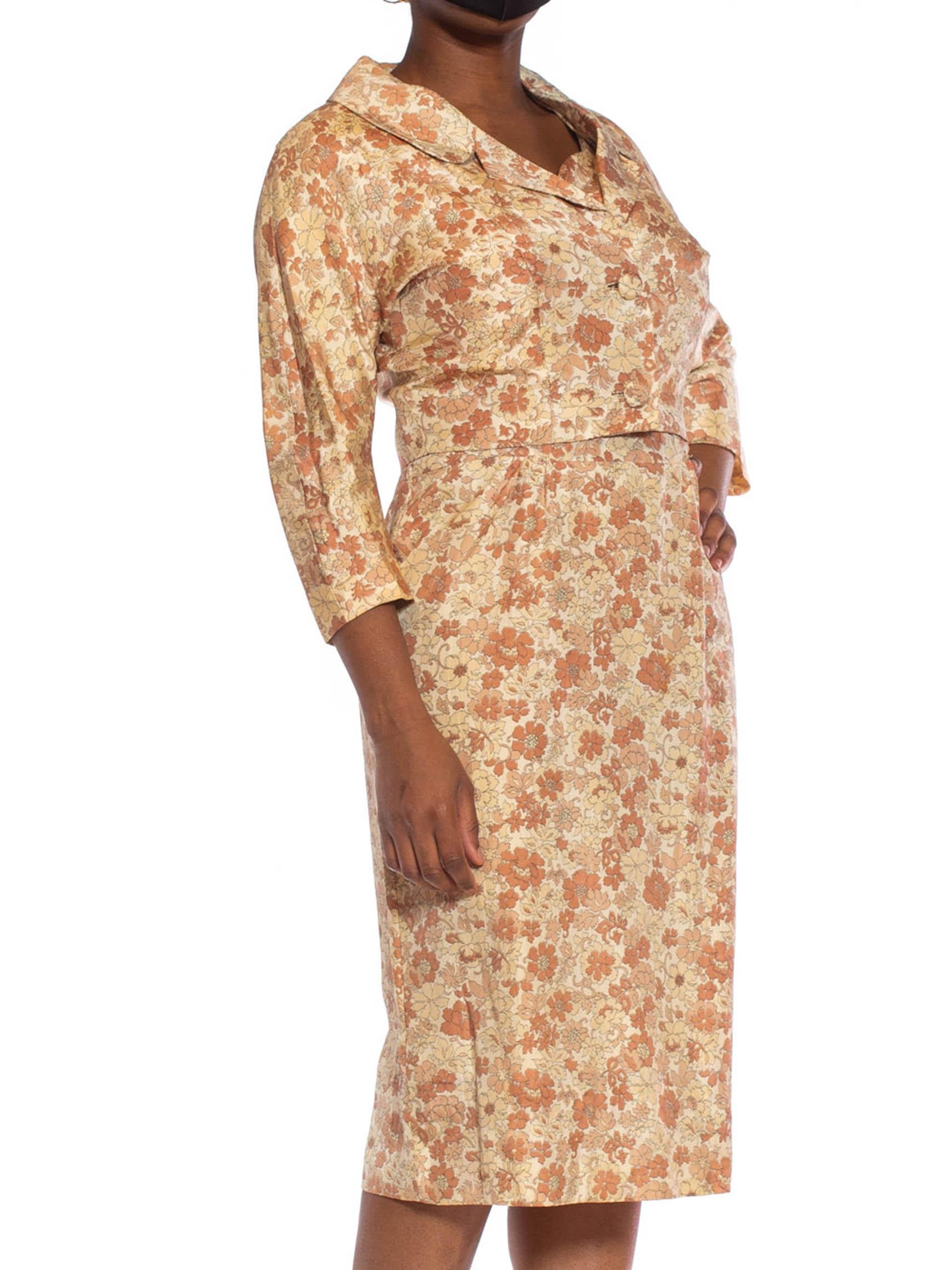 1950S Beige & Brown Silk Indian Floral Print Dress Jacket Ensemble For Sale 3