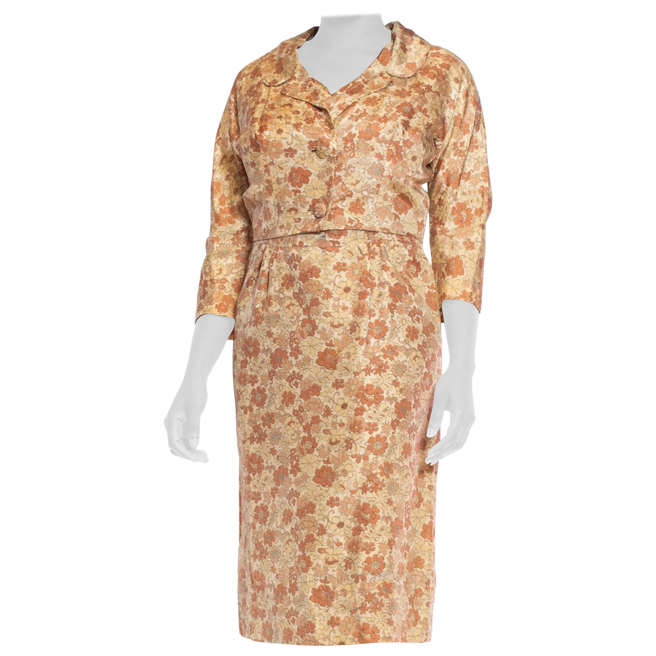 1950S Beige & Brown Silk Indian Floral Print Dress Jacket Ensemble